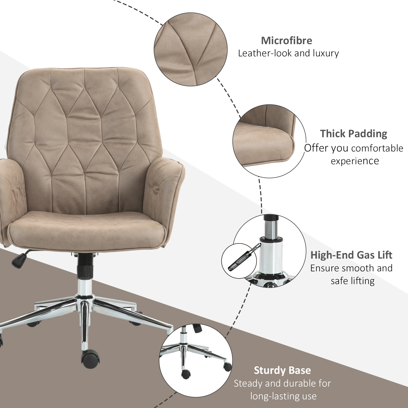 Vinsetto Ergonomic Microfibre Office Chair, Swivel Desk Chair with Adjustable Height & Armrests, Beige