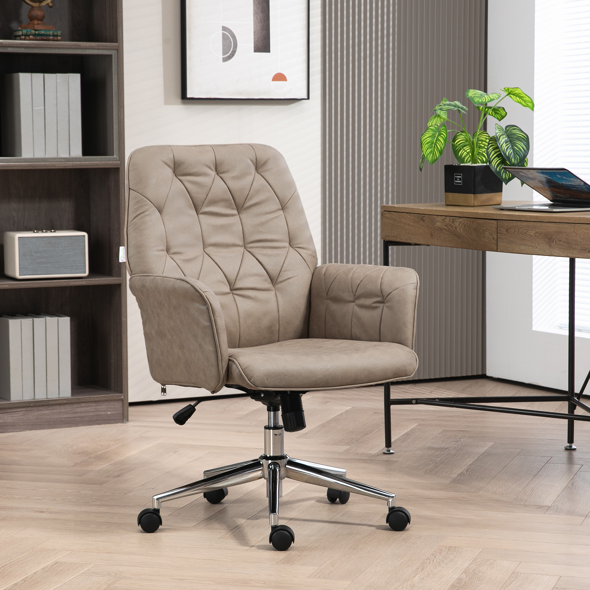 Vinsetto Ergonomic Microfibre Office Chair, Swivel Desk Chair with Adjustable Height & Armrests, Beige