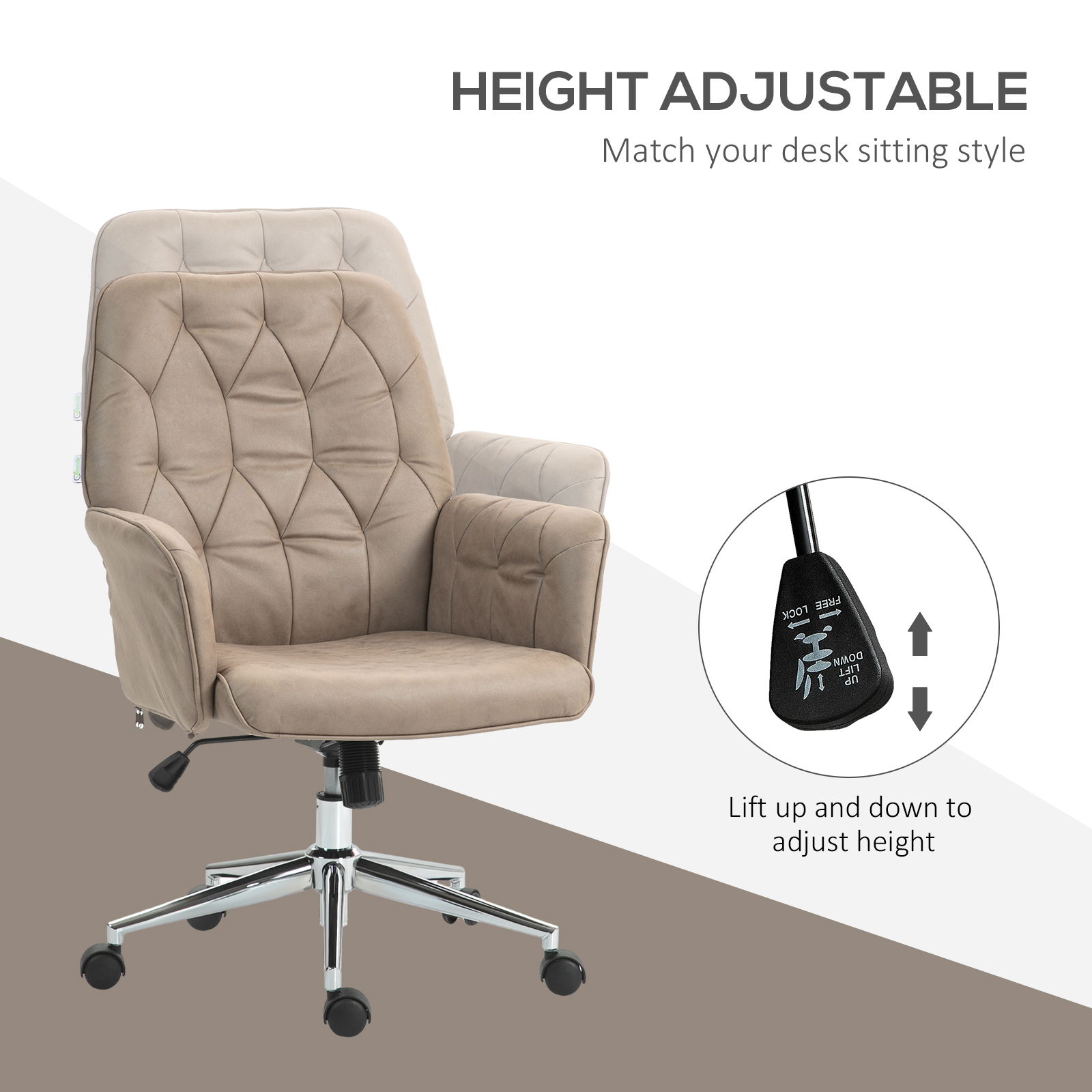 Vinsetto Ergonomic Microfibre Office Chair, Swivel Desk Chair with Adjustable Height & Armrests, Beige