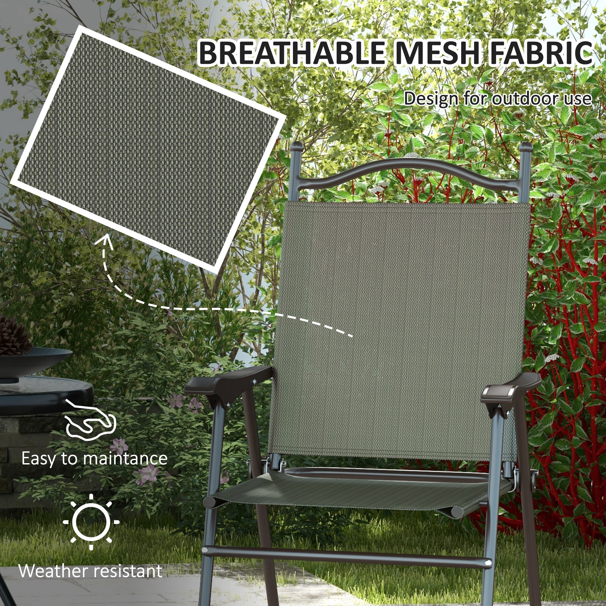 Outsunny Folding Chairs Set for Patio, Camping, Sports, Adults, Armrest, Mesh Fabric Seat, Lawn, Dark Brown
