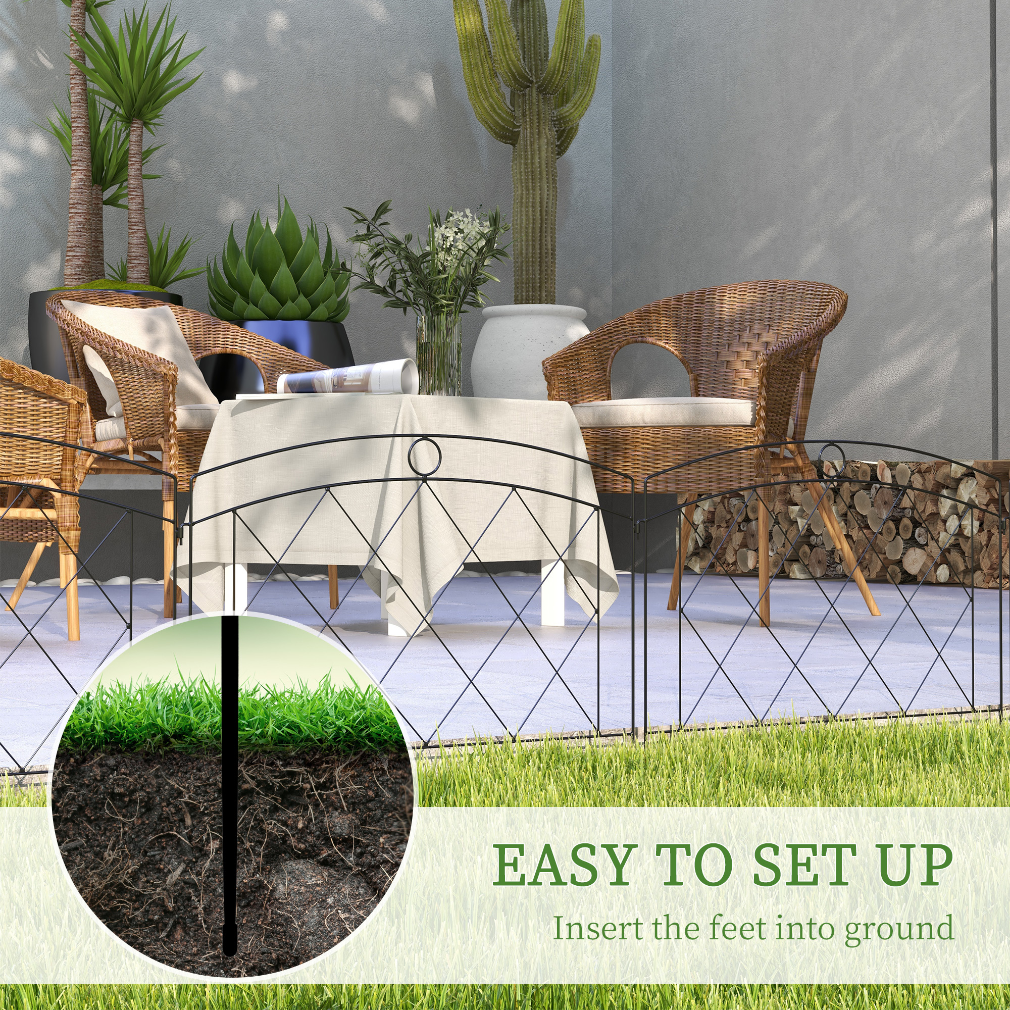 Outsunny Decorative Metal Garden Fence, Outdoor Picket Panels, Easy Install, Set of 6, Black