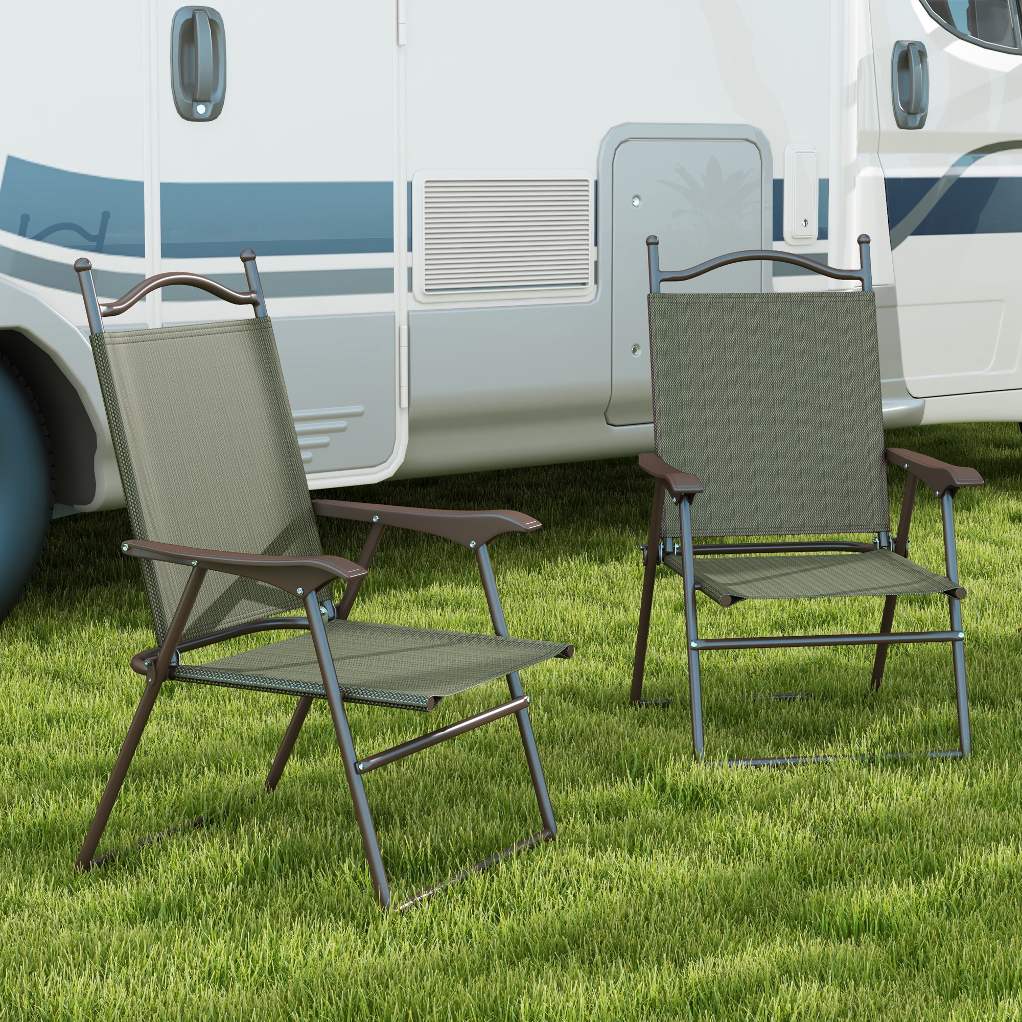Outsunny Folding Chairs Set for Patio, Camping, Sports, Adults, Armrest, Mesh Fabric Seat, Lawn, Dark Brown