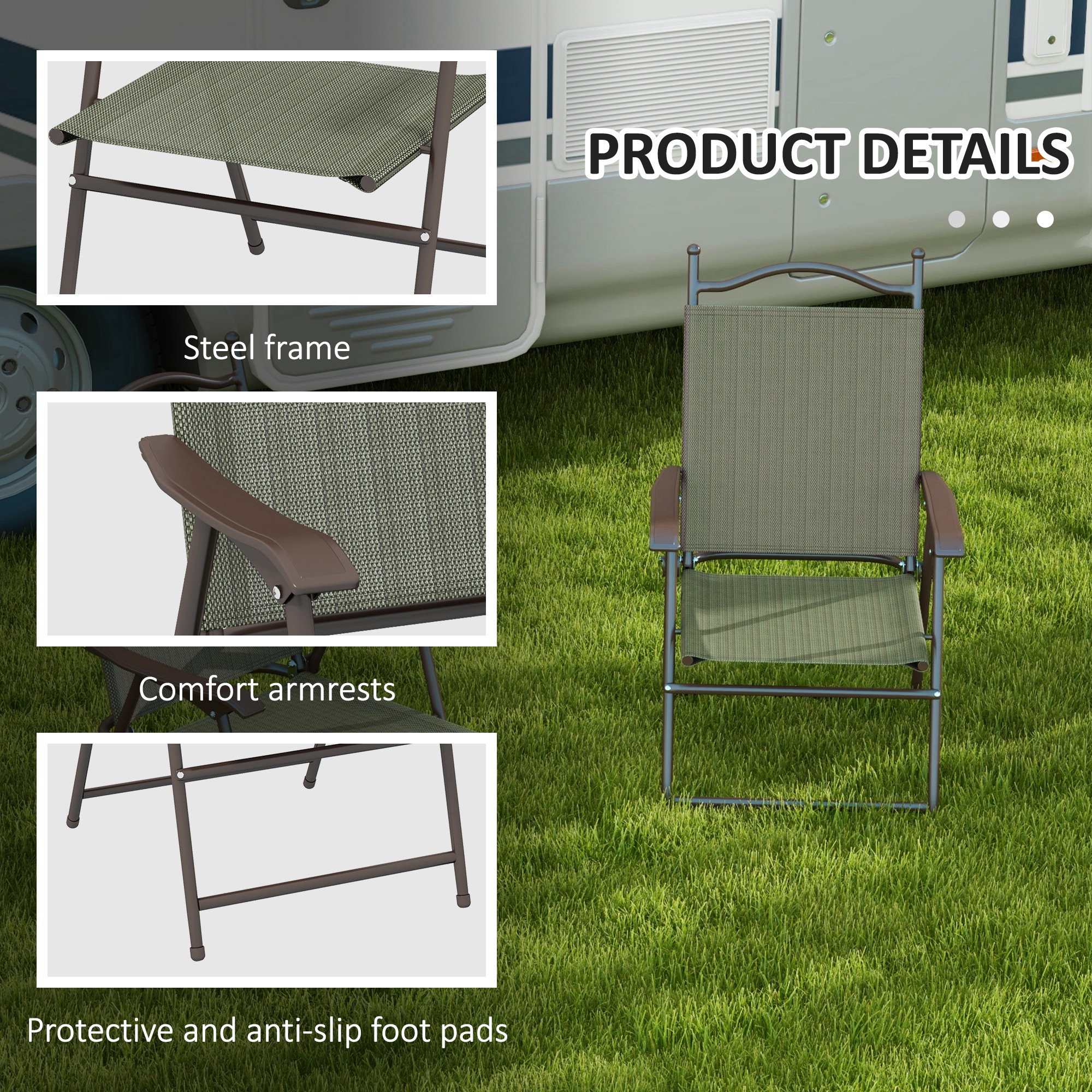Outsunny Folding Chairs Set for Patio, Camping, Sports, Adults, Armrest, Mesh Fabric Seat, Lawn, Dark Brown