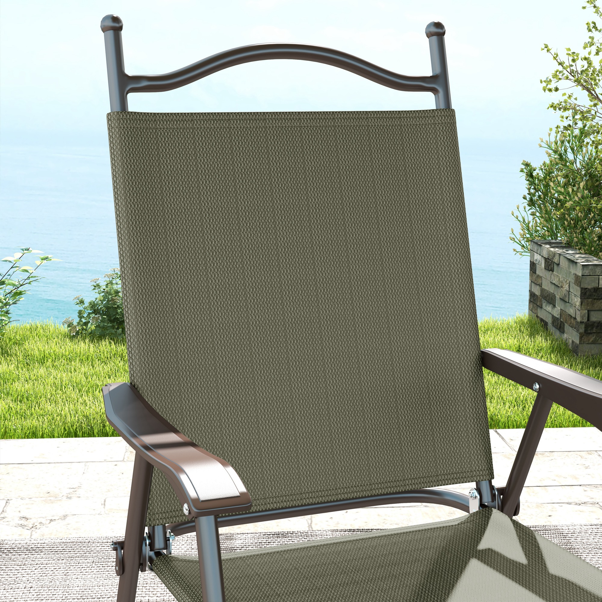 Outsunny Folding Chairs Set for Patio, Camping, Sports, Adults, Armrest, Mesh Fabric Seat, Lawn, Dark Brown