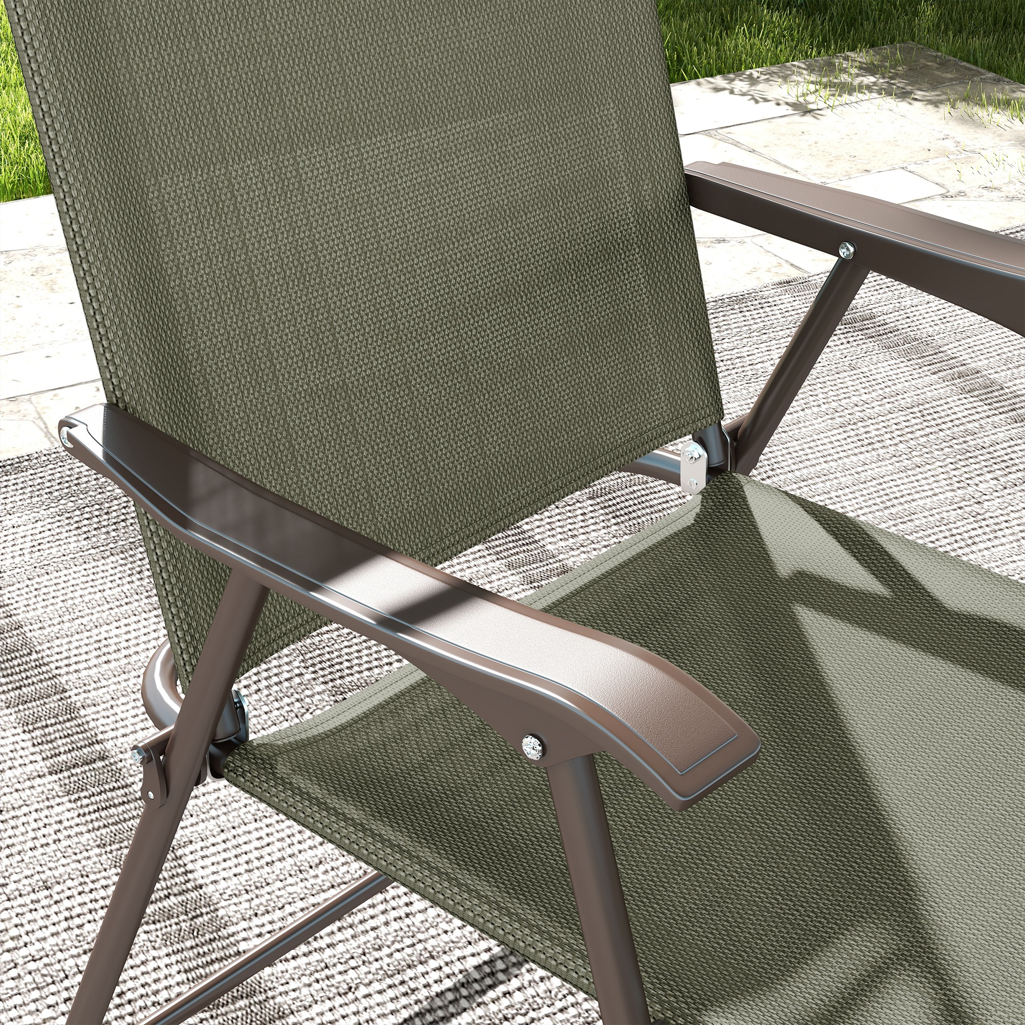 Outsunny Folding Chairs Set for Patio, Camping, Sports, Adults, Armrest, Mesh Fabric Seat, Lawn, Dark Brown