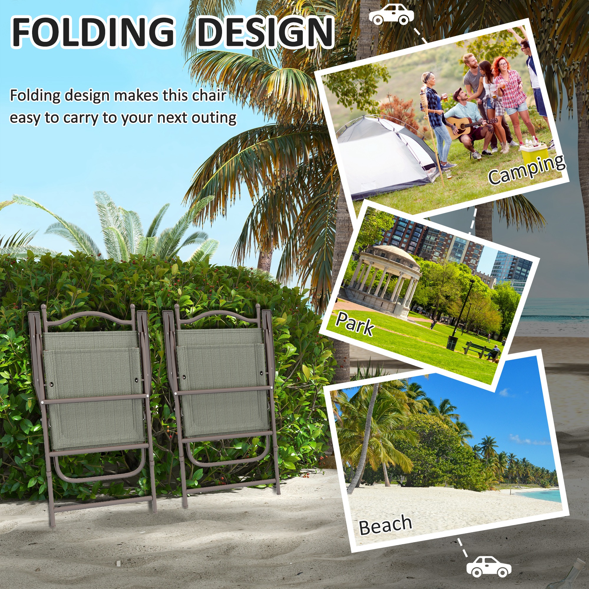 Outsunny Folding Chairs Set for Patio, Camping, Sports, Adults, Armrest, Mesh Fabric Seat, Lawn, Dark Brown