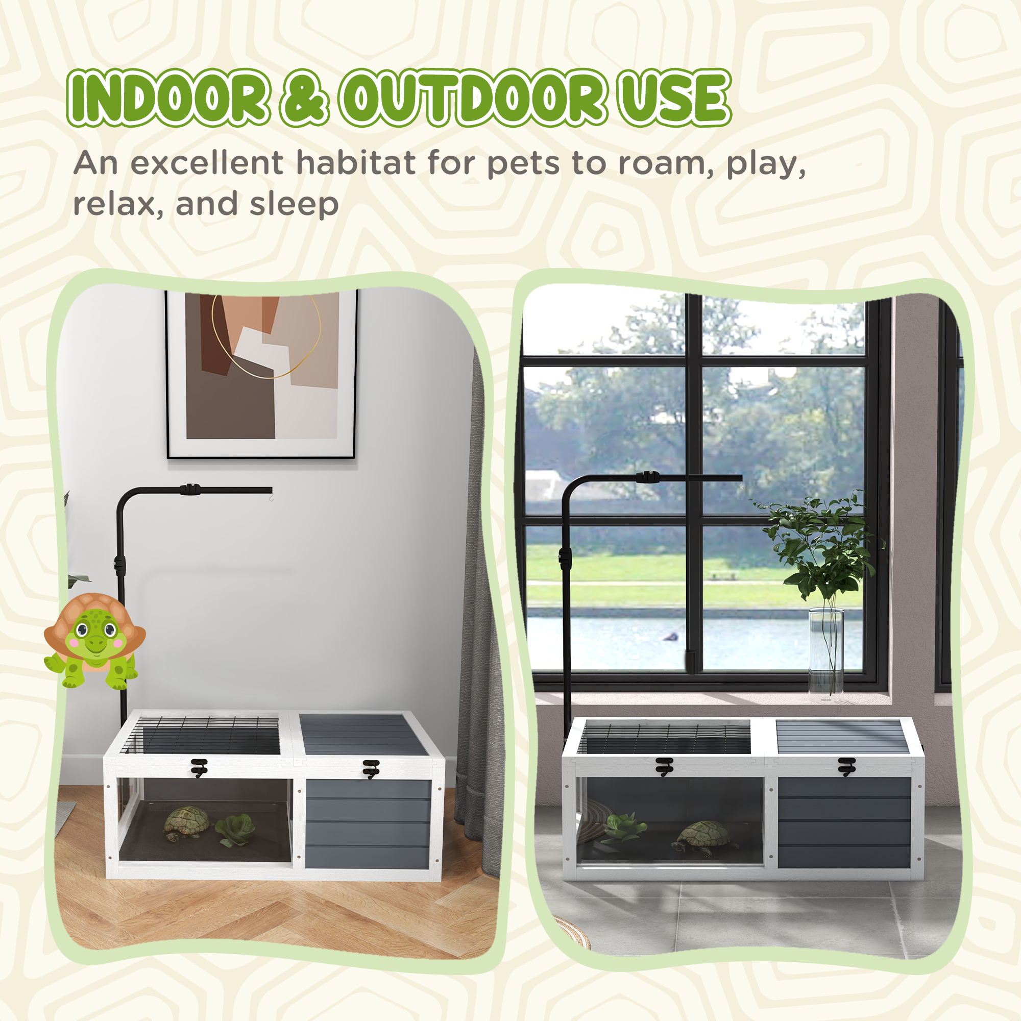 PawHut Tortoise Table with Adjustable Lamp Holder, Wooden Tortoise House with Openable Lids Pull-out Trays - Grey