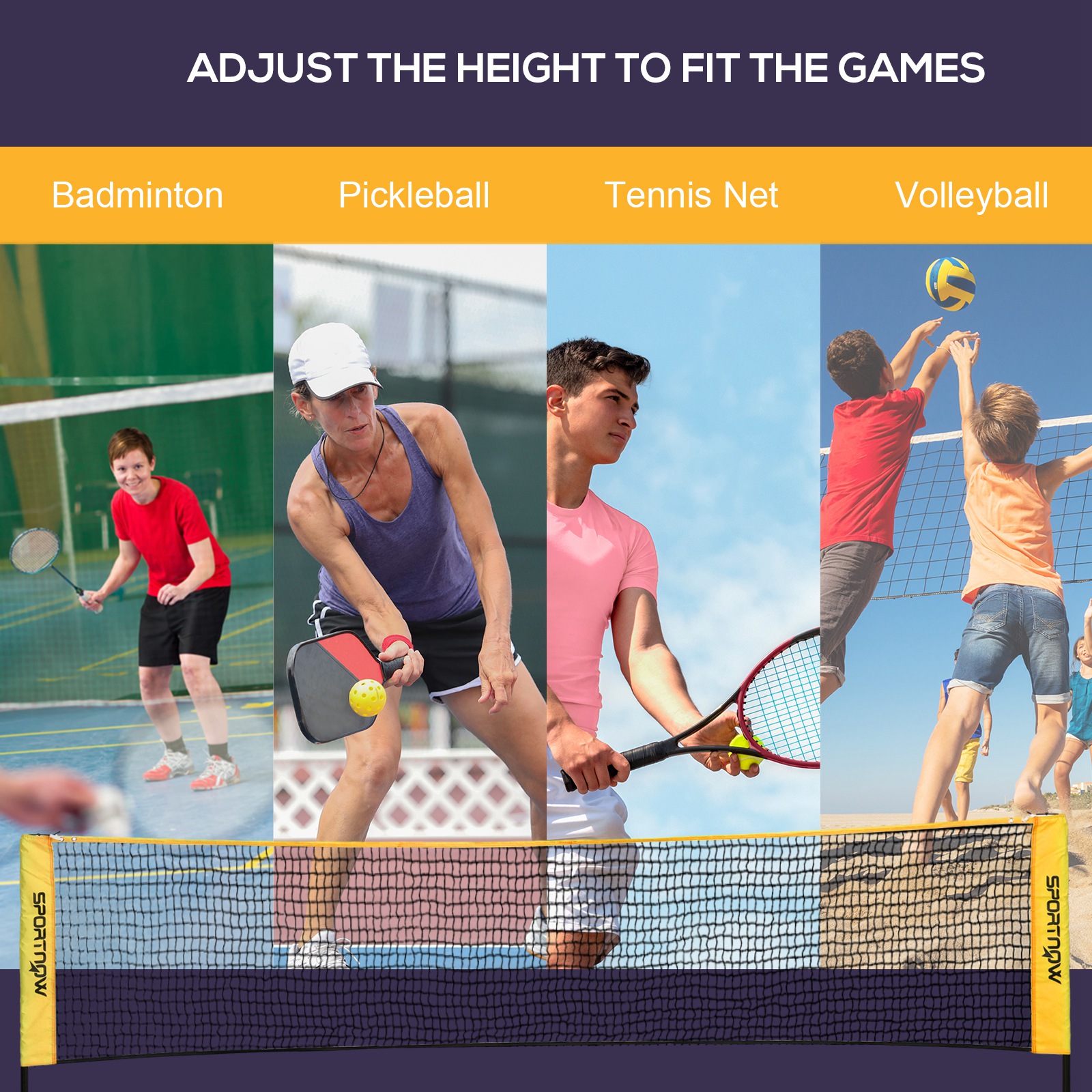SPORTNOW Adjustable Height Badminton Net, 3m, Portable Outdoor Sports Net for Tennis, Pickleball, Volleyball, with Carry Bag