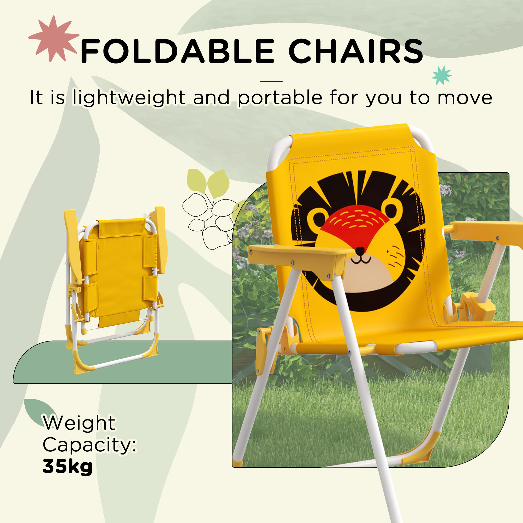 Outsunny Lion Themed Kids Outdoor Picnic Table & Chair Set, with Foldable Chairs, Adjustable Parasol, Yellow