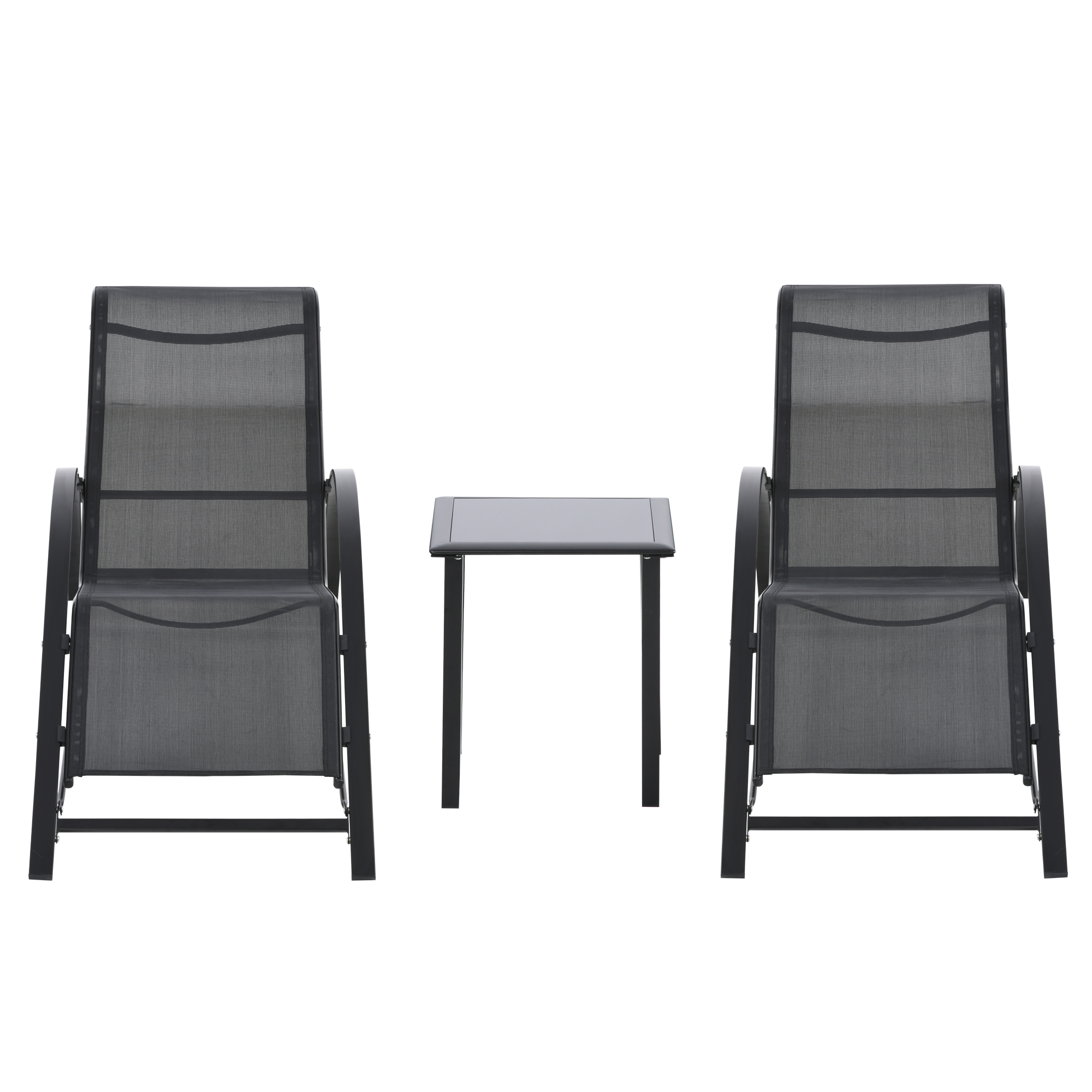 Poze Outsunny Set 2 sezlonguri si masuta cu blat din sticla, sezlong pentru gradina din material respirabil si metal, 59x169x66 cm, negru
