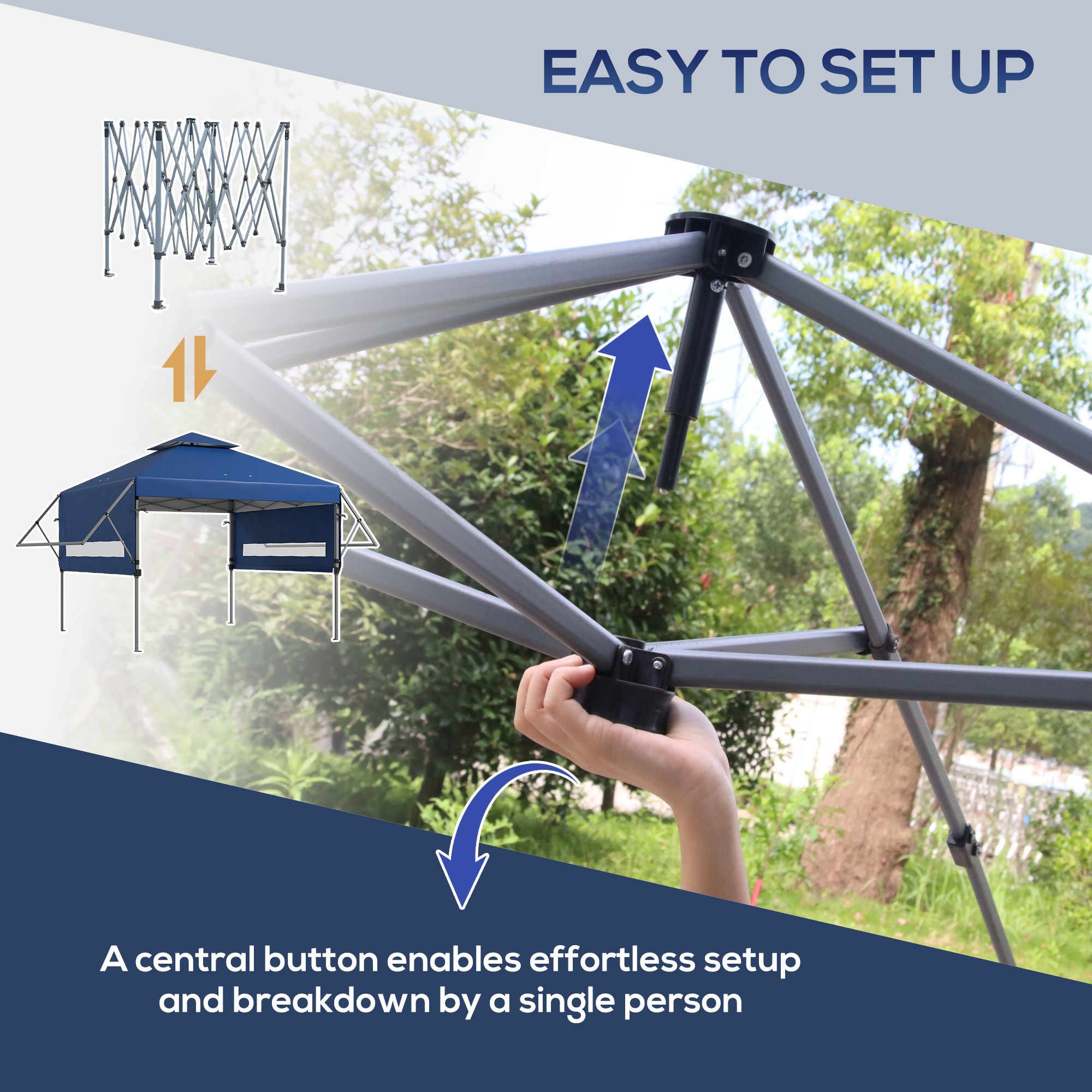 Outsunny 5 x 3(m) Pop Up Gazebo with Extend Dual Awnings, 1 Person Easy up Marquee Party Tent with 1-Button Push, Double Roof, Sandbags,