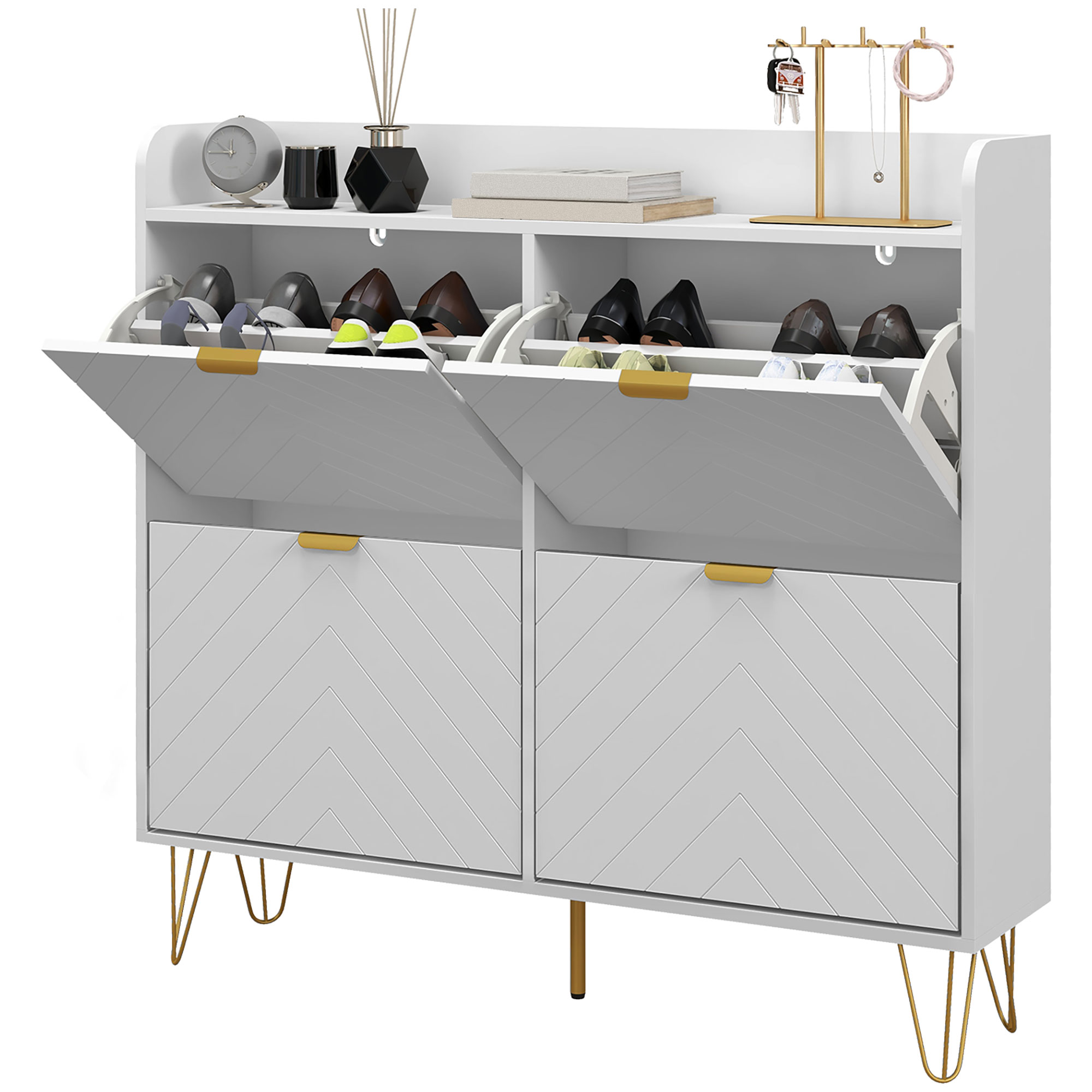 HOMCOM Narrow Shoe Storage Cabinet, Slim Shoe Cupboard with 4 Flip Drawers, Adjustable Shelf, Shoe Rack for 16 Pairs of Shoes