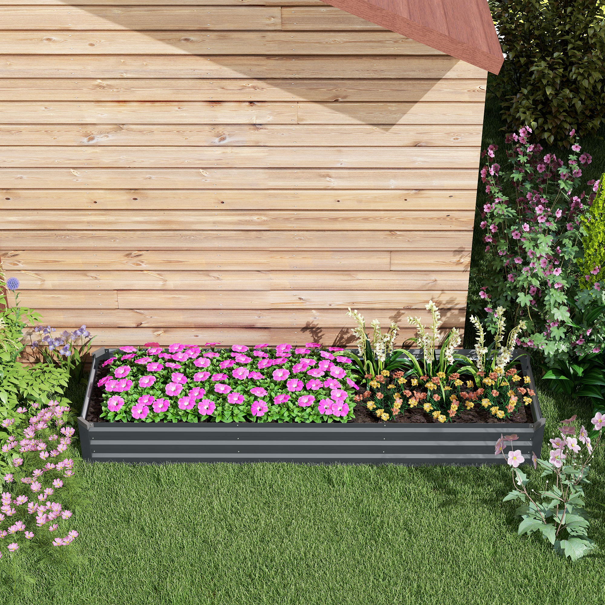 Outsunny Galvanised Raised Bed for Garden, Rectangular Outdoor Elevated Planter Box with Safety Edging and Open Bottom for Growing Flowers, Herbs and Vegetables, 240 x 60cm, Grey