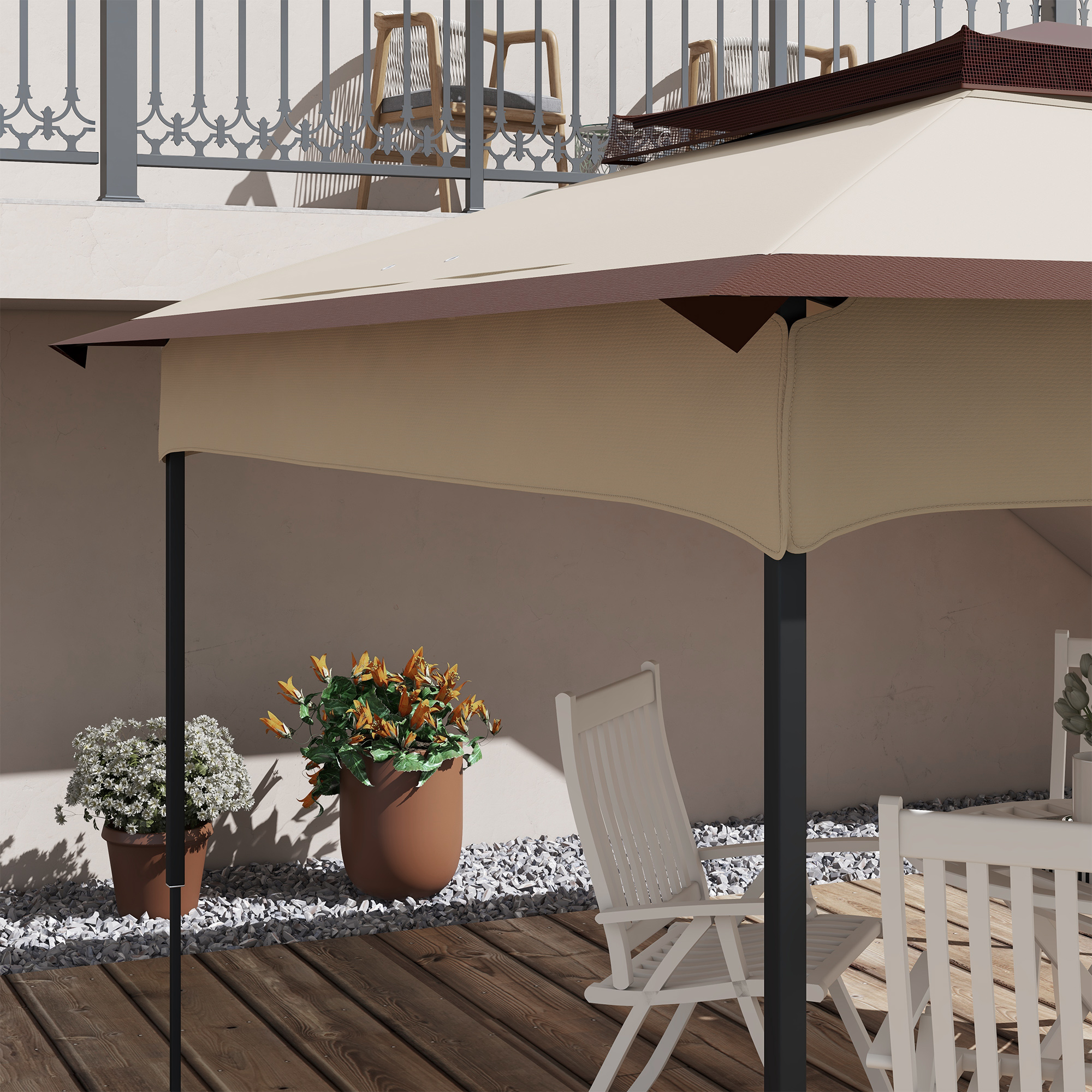 Toit De Rechange Pour Tonnelle 3x3 M Outsunny - Double Niveau Avec Maille, Polyester Imperméable - Beige