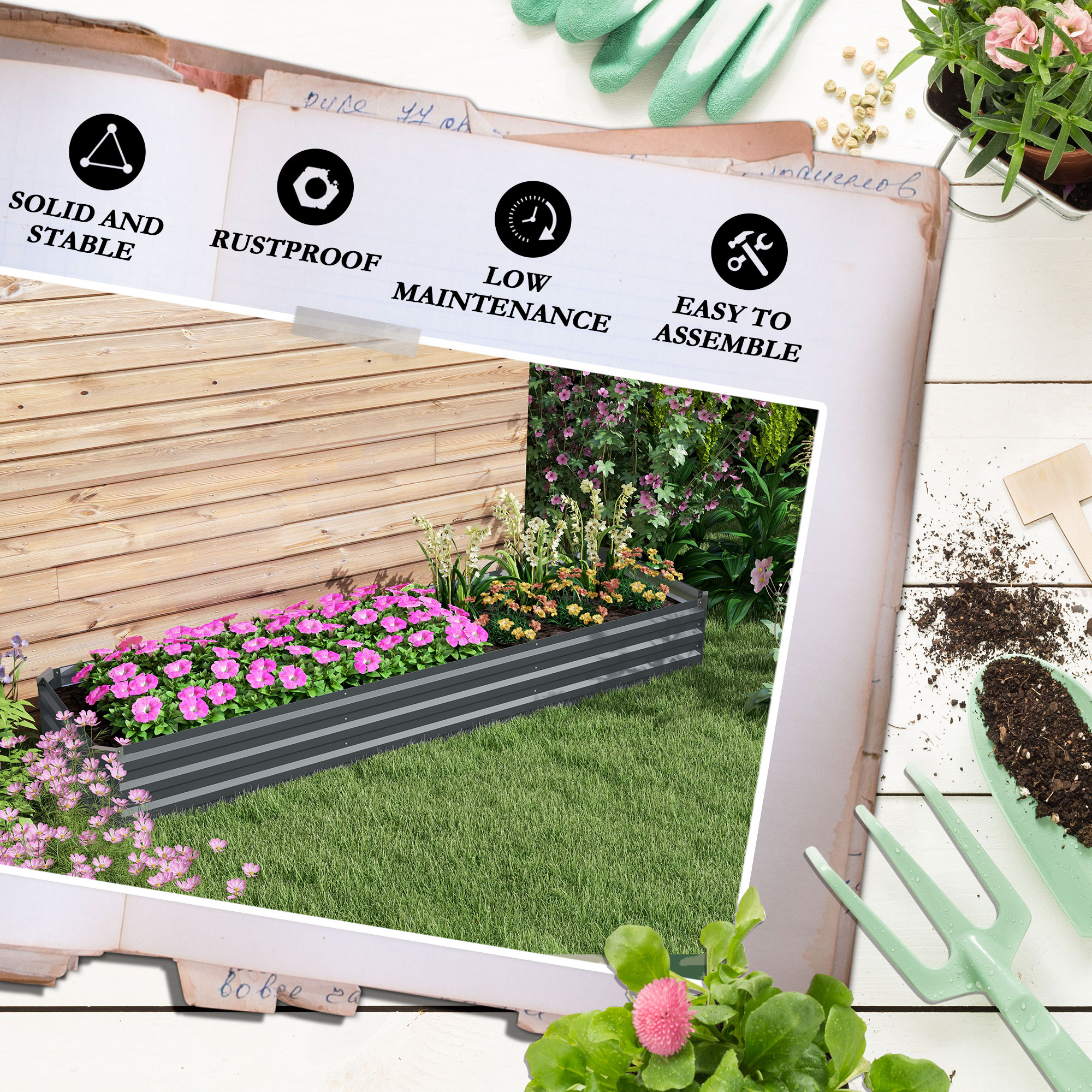 Outsunny Galvanised Raised Bed for Garden, Rectangular Outdoor Elevated Planter Box with Safety Edging and Open Bottom for Growing Flowers, Herbs and Vegetables, 240 x 60cm, Grey