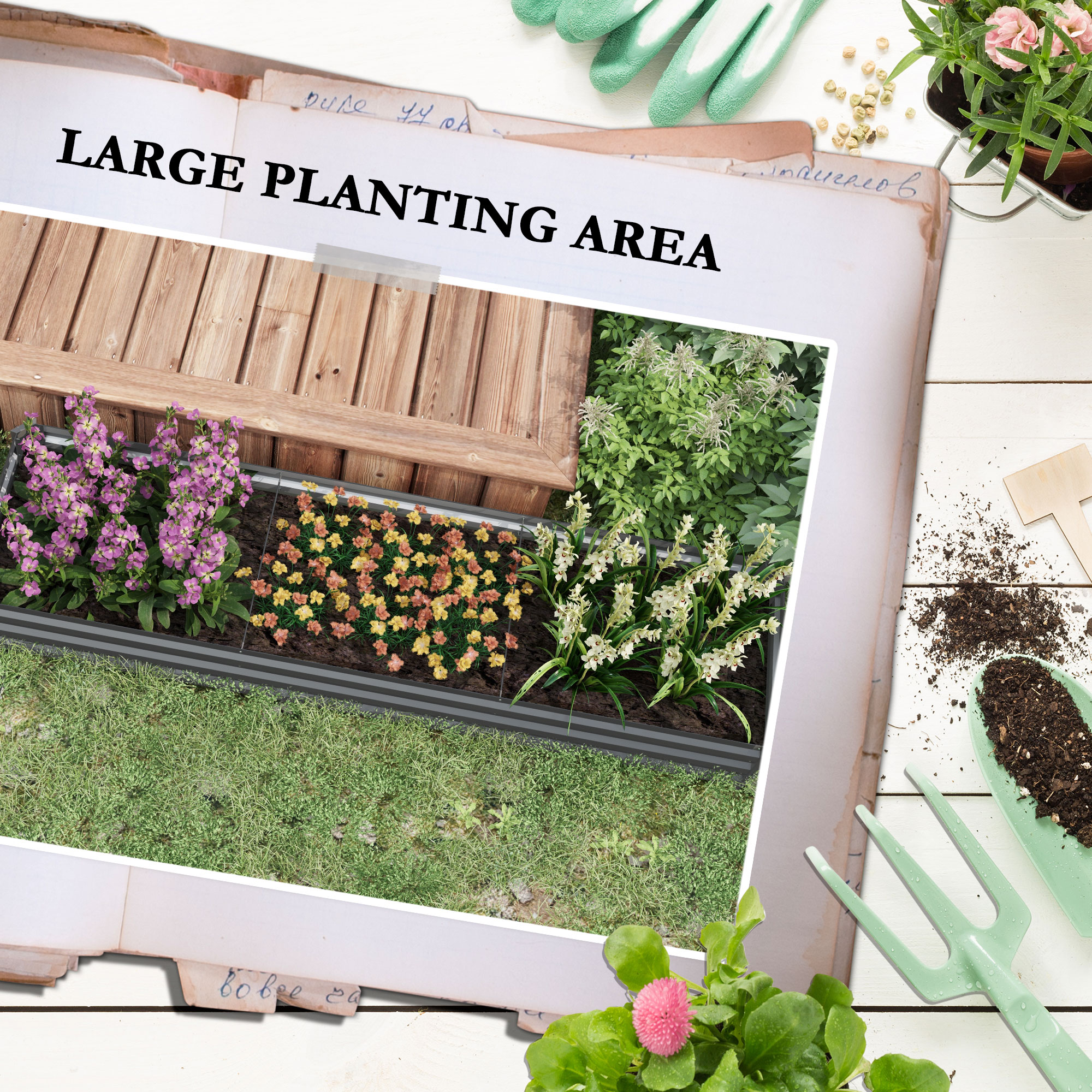 Outsunny Galvanised Raised Bed for Garden, Rectangular Outdoor Elevated Planter Box with Safety Edging and Open Bottom for Growing Flowers, Herbs and Vegetables, 240 x 60cm, Grey