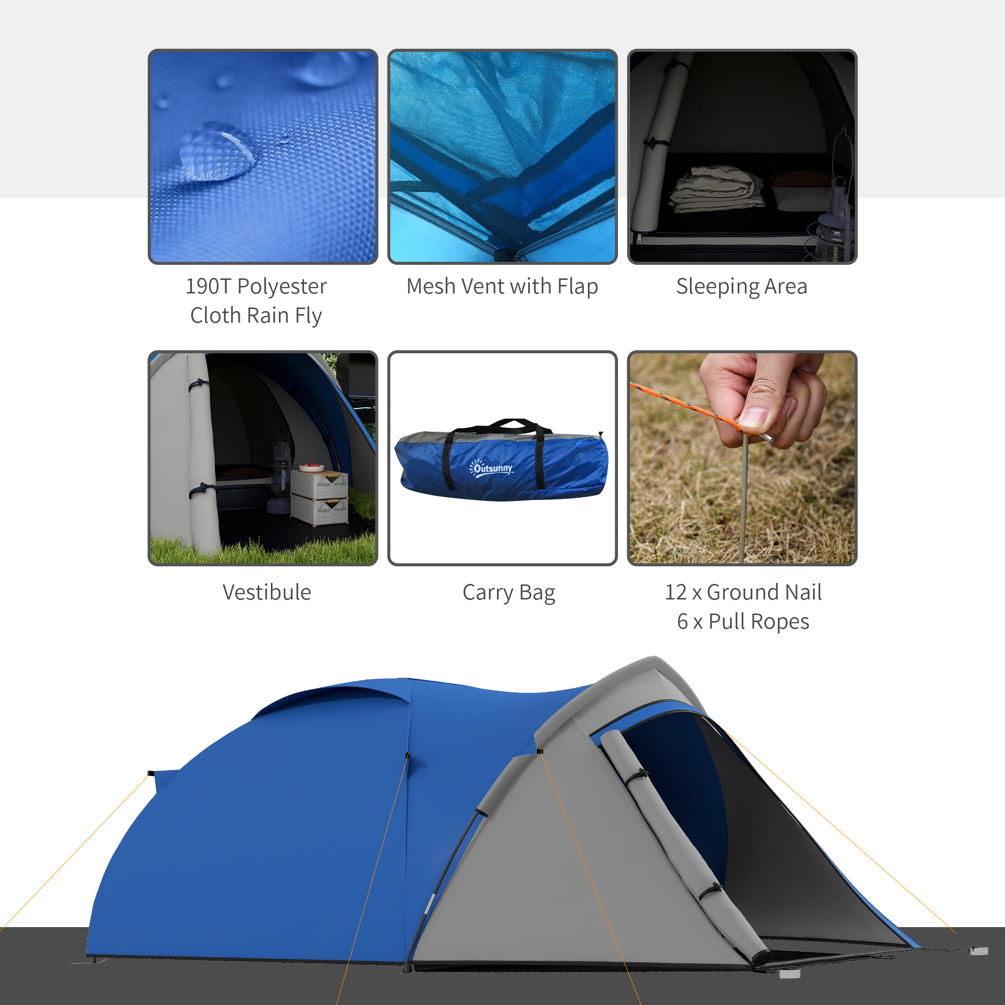 Outsunny Waterproof 2-Person Dome Camping Tent with Large Viewing Windows, Quick Setup, Blue and Grey