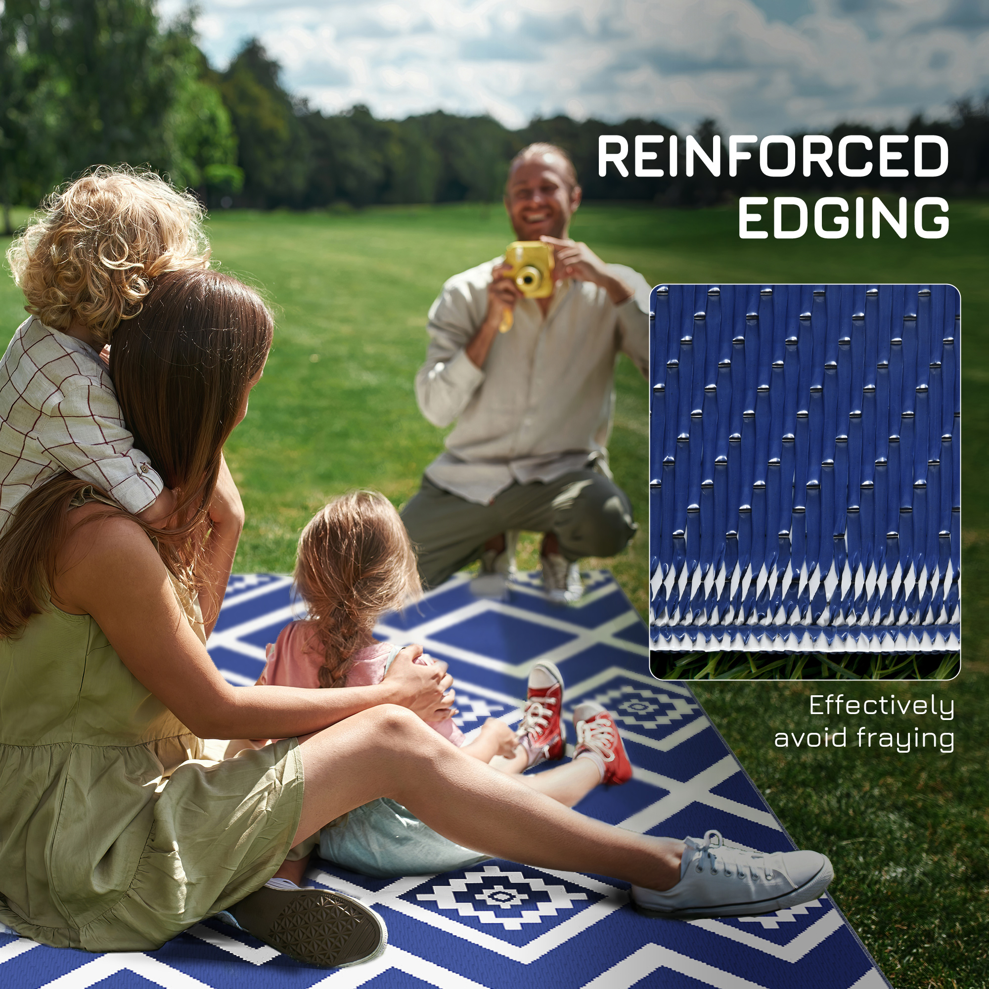 Outsunny Reversible Outdoor Rug, Plastic Straw, Portable with Carry Bag, 182 x 274cm, Blue and White