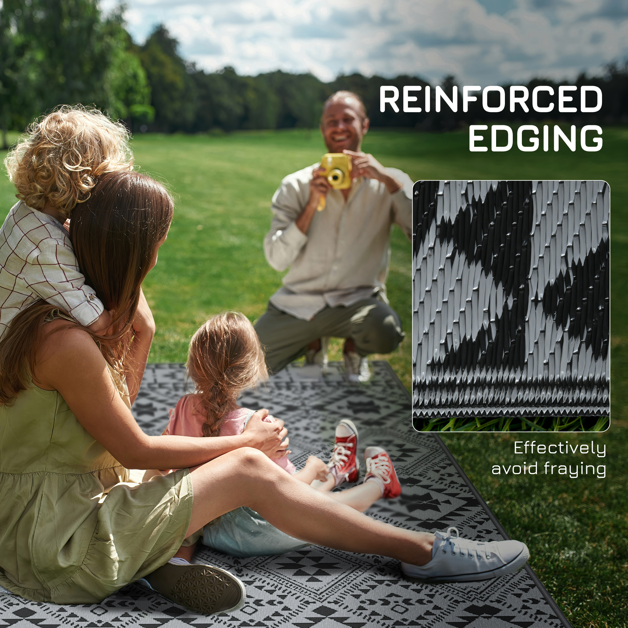 Outsunny Reversible RV Outdoor Rug, Plastic Straw, with Carry Bag, 182 x 274cm, Black and Grey