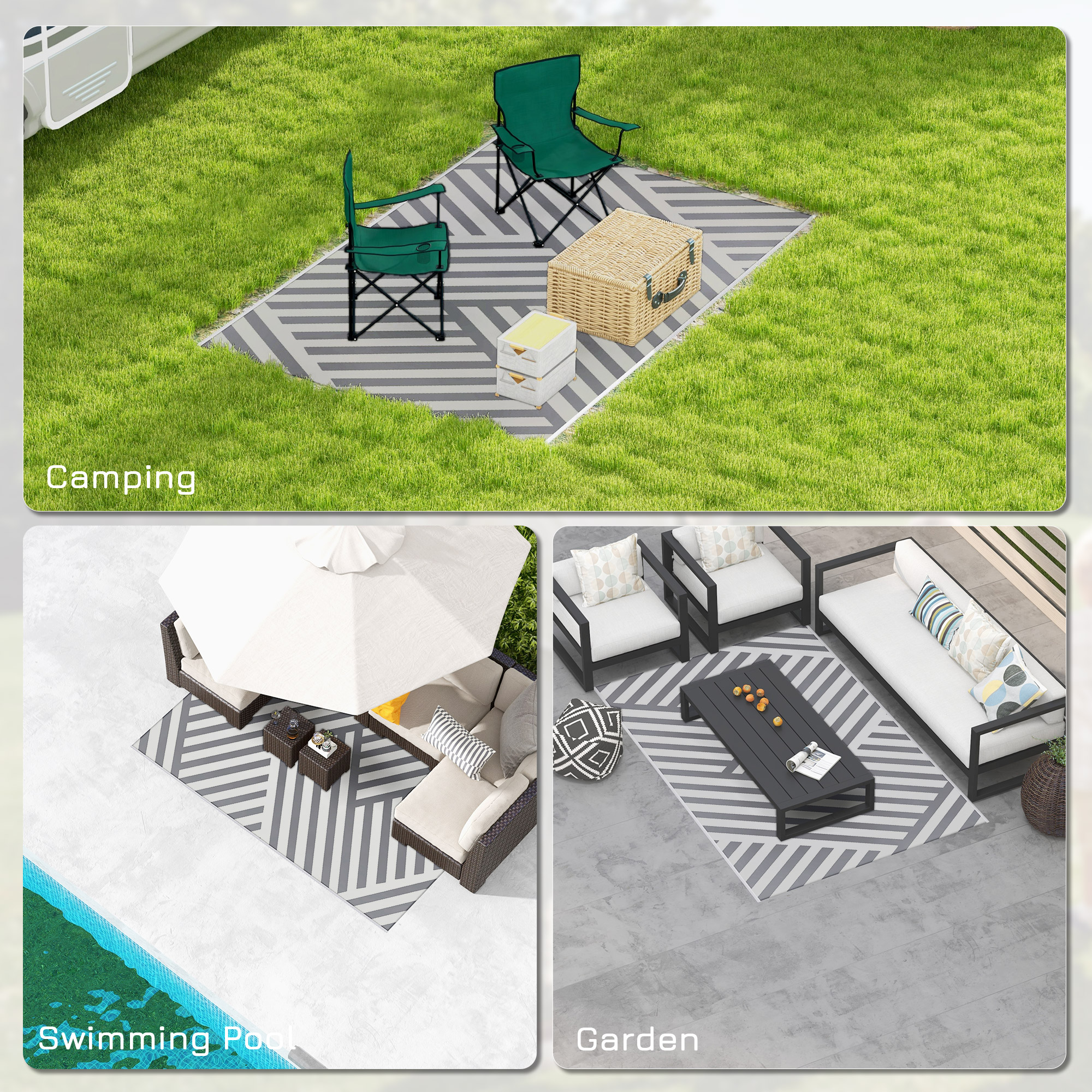 Outsunny Reversible Outdoor Rug, Plastic Straw, Portable with Carry Bag, 182 x 274cm, Grey and Cream