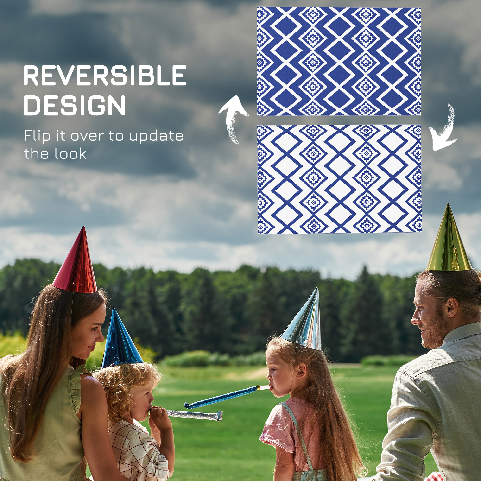 Outsunny Reversible Outdoor Rug, Plastic Straw, Portable with Carry Bag, 182 x 274cm, Blue and White
