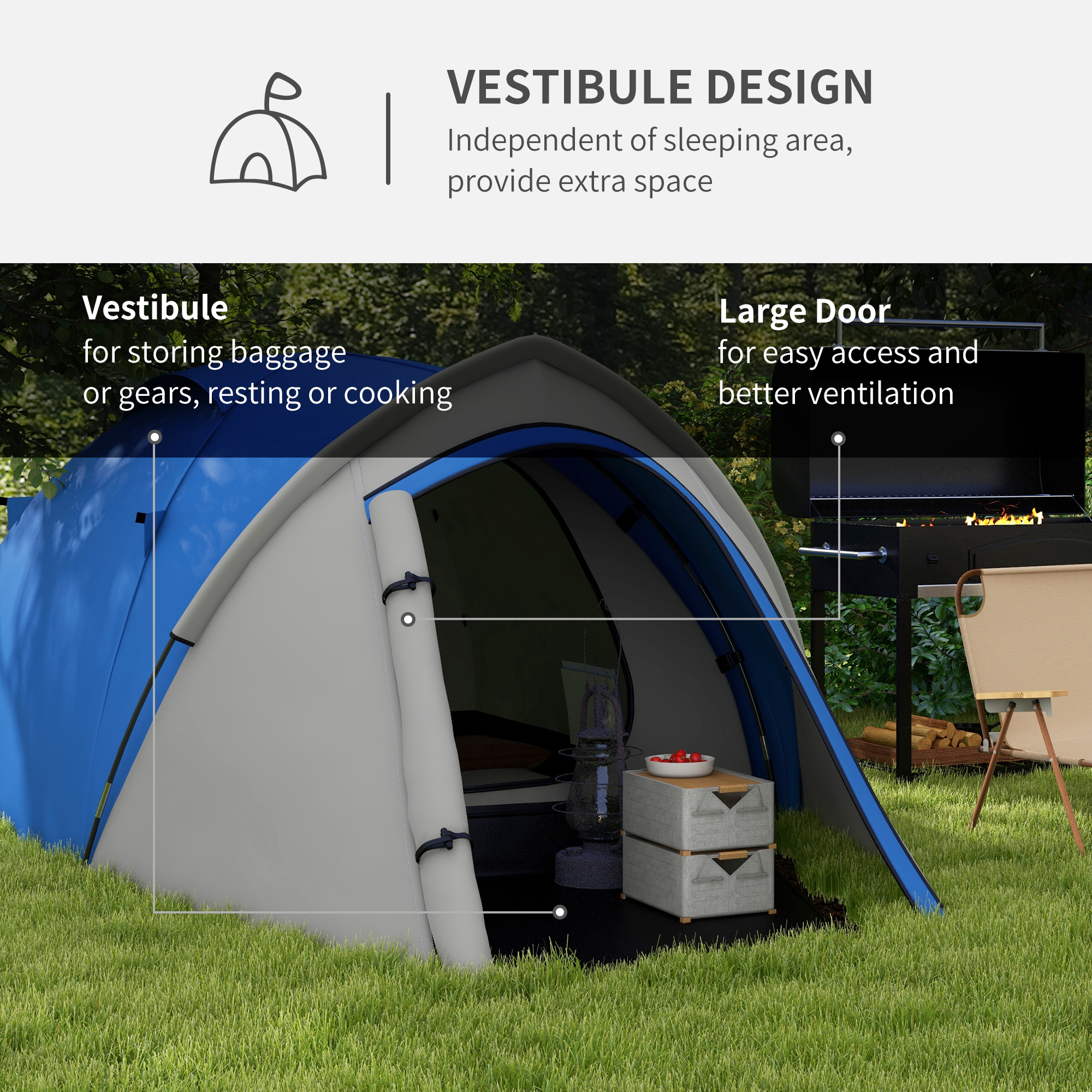 Outsunny Waterproof 2-Person Dome Camping Tent with Large Viewing Windows, Quick Setup, Blue and Grey