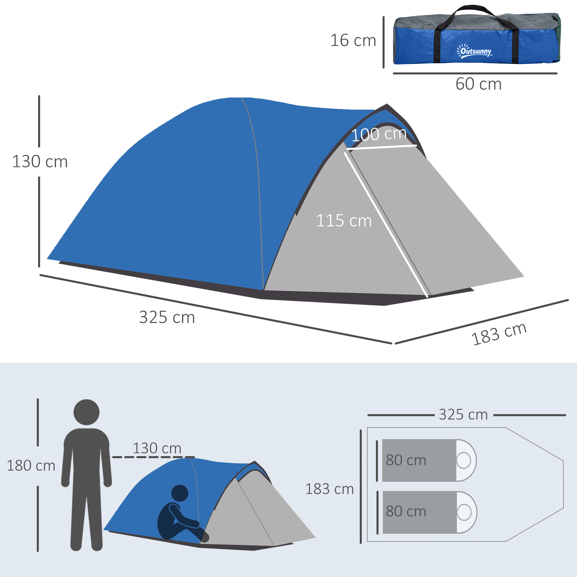 Outsunny Waterproof 2-Person Dome Camping Tent with Large Viewing Windows, Quick Setup, Blue and Grey
