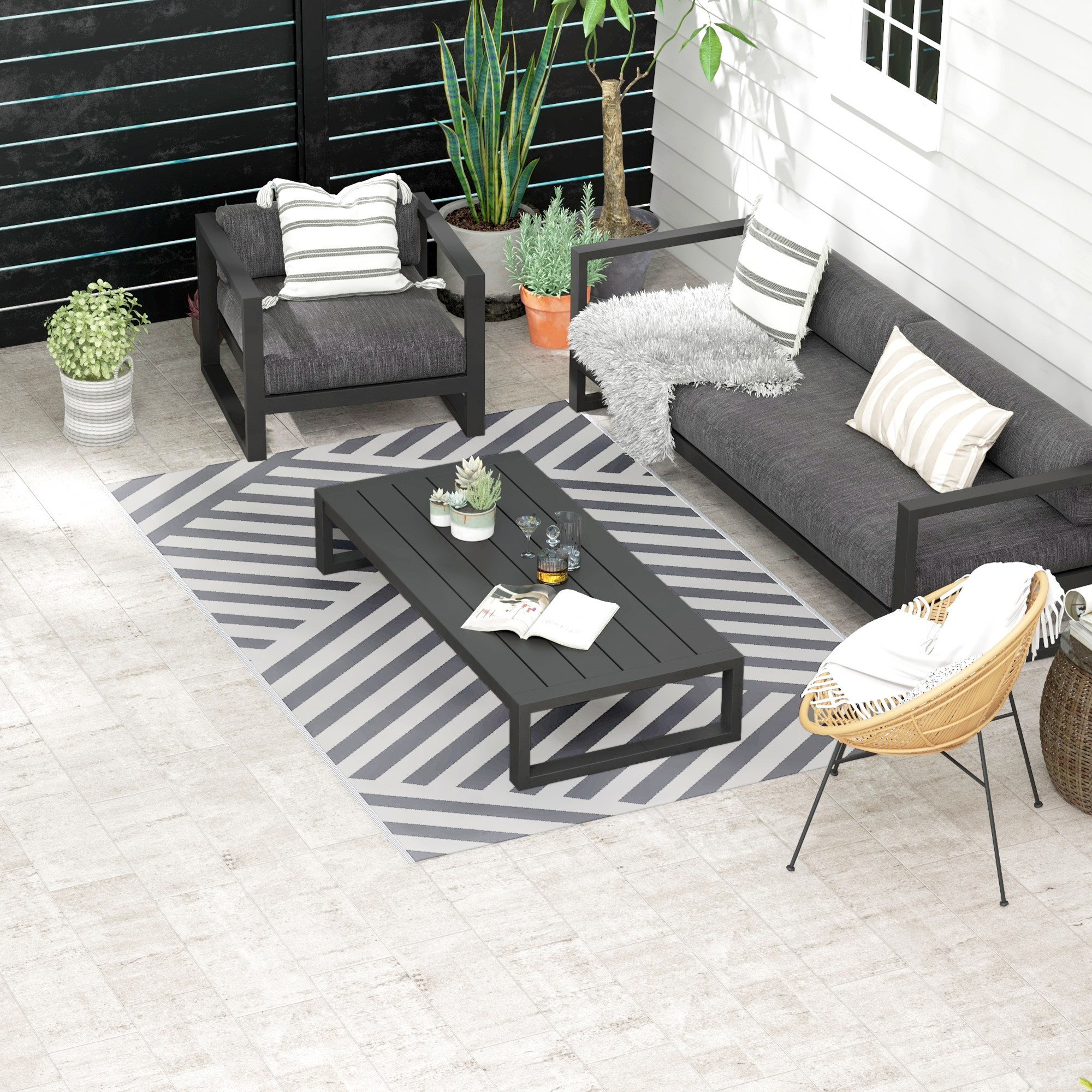 Outsunny Reversible Outdoor Rug, Plastic Straw, Portable with Carry Bag, 182 x 274cm, Grey and Cream