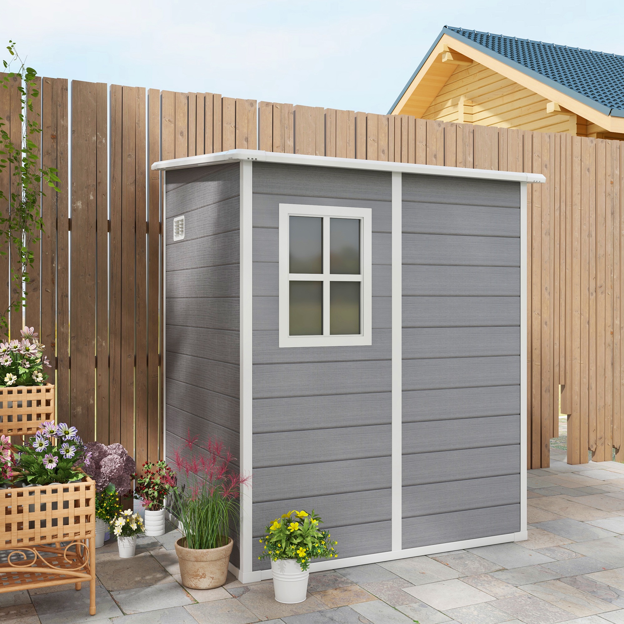 Outsunny Garden Storage Shed, 4'x5' Lean-to Shed with Window, Vent, Lockable Door & Plastic Roof, Grey