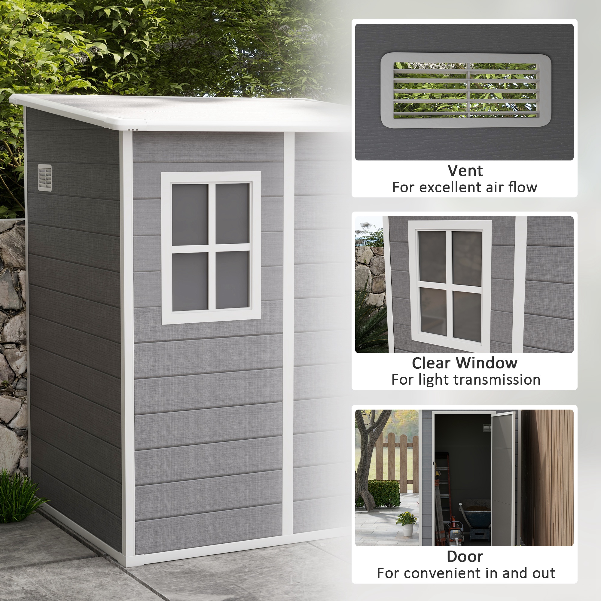 Outsunny Garden Storage Shed, 4'x5' Lean-to Shed with Window, Vent, Lockable Door & Plastic Roof, Grey