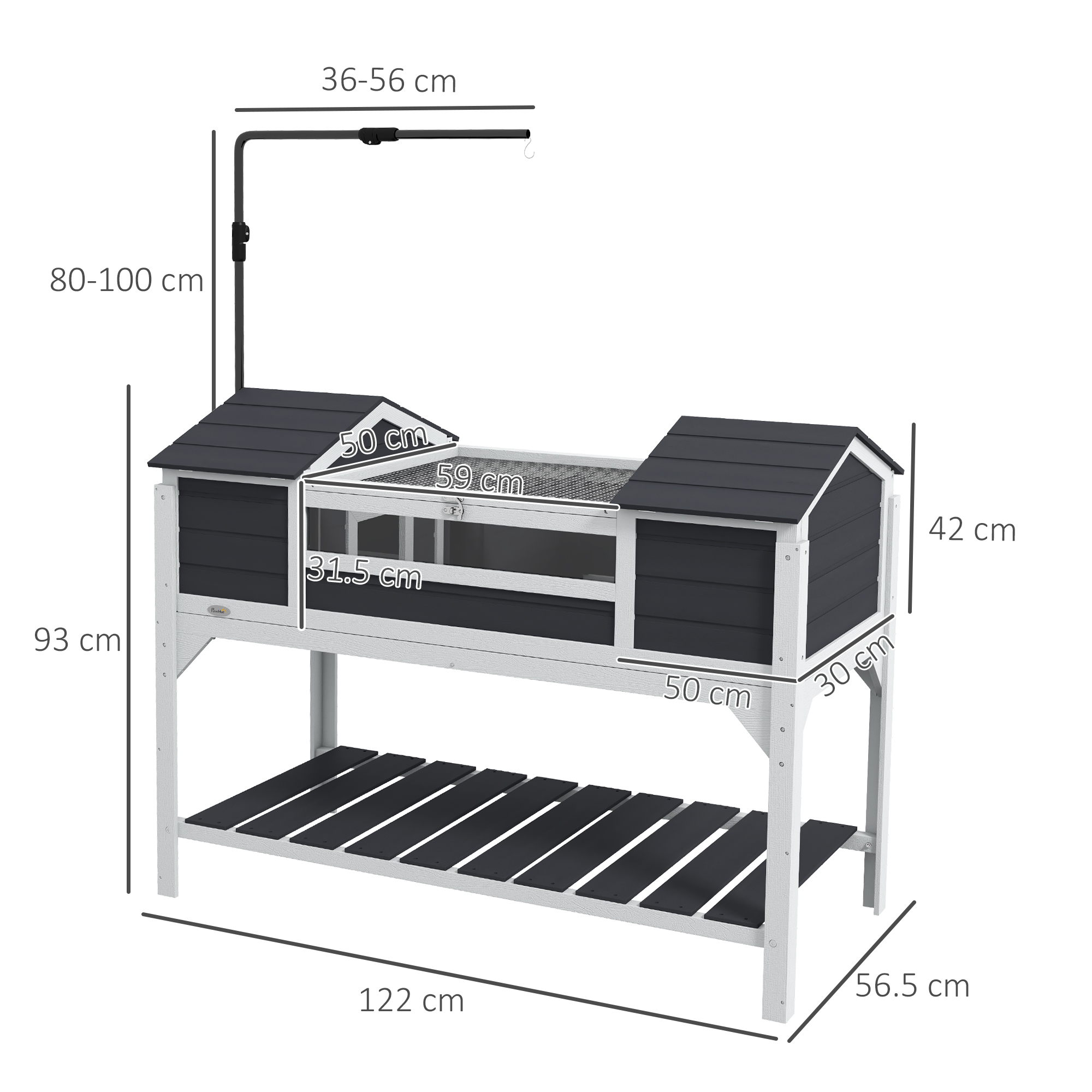 PawHut Wooden Tortoise Enclosure with Adjustable Lamp Holder, Openable Lid, Dual Main Houses, Storage Shelf, Fixed Tray - Grey