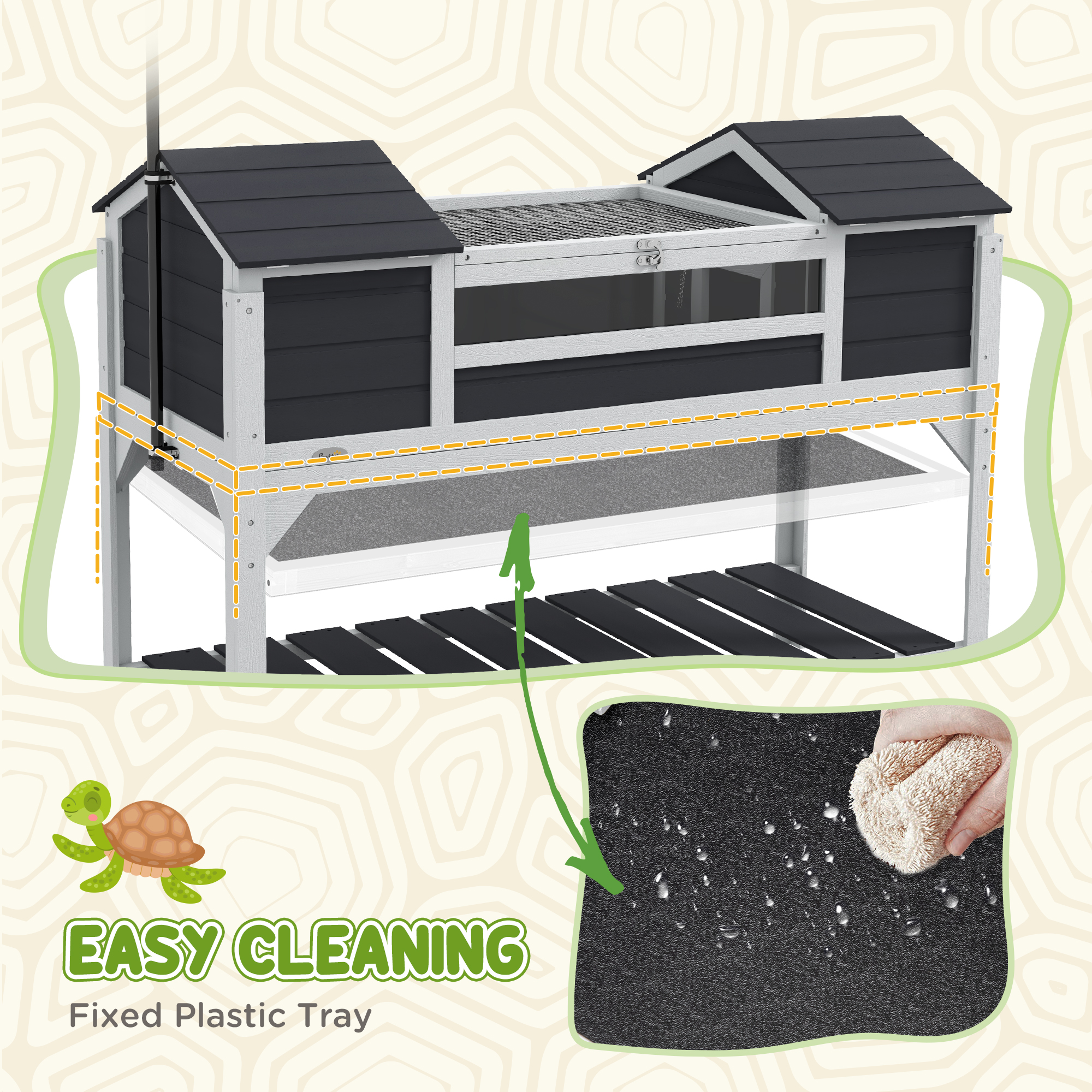 PawHut Wooden Tortoise Enclosure with Adjustable Lamp Holder, Openable Lid, Dual Main Houses, Storage Shelf, Fixed Tray - Grey