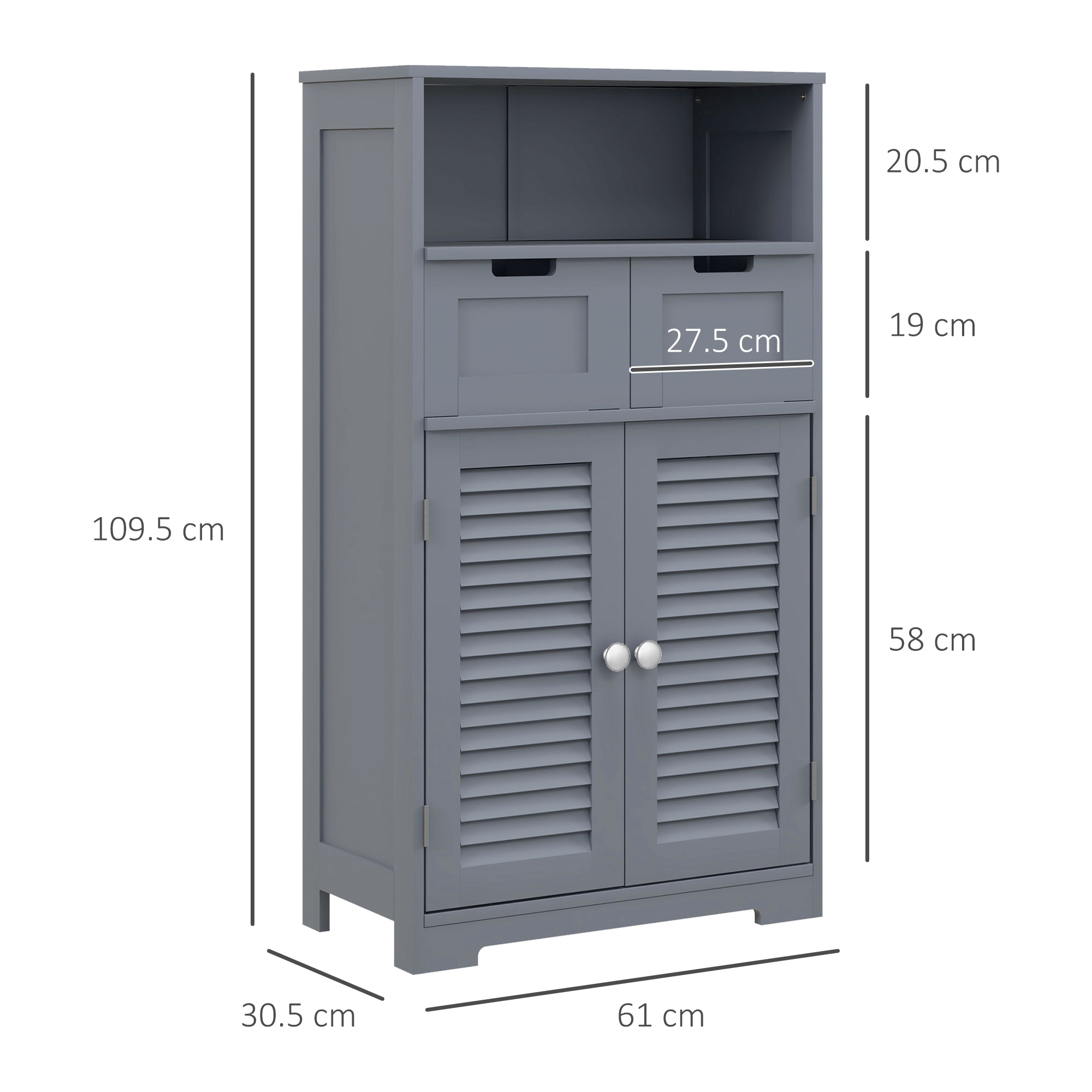 Kleankin Bathroom Storage Cabinet with Drawers, Louvred Doors, Open Compartment, Adjustable Shelf, Grey