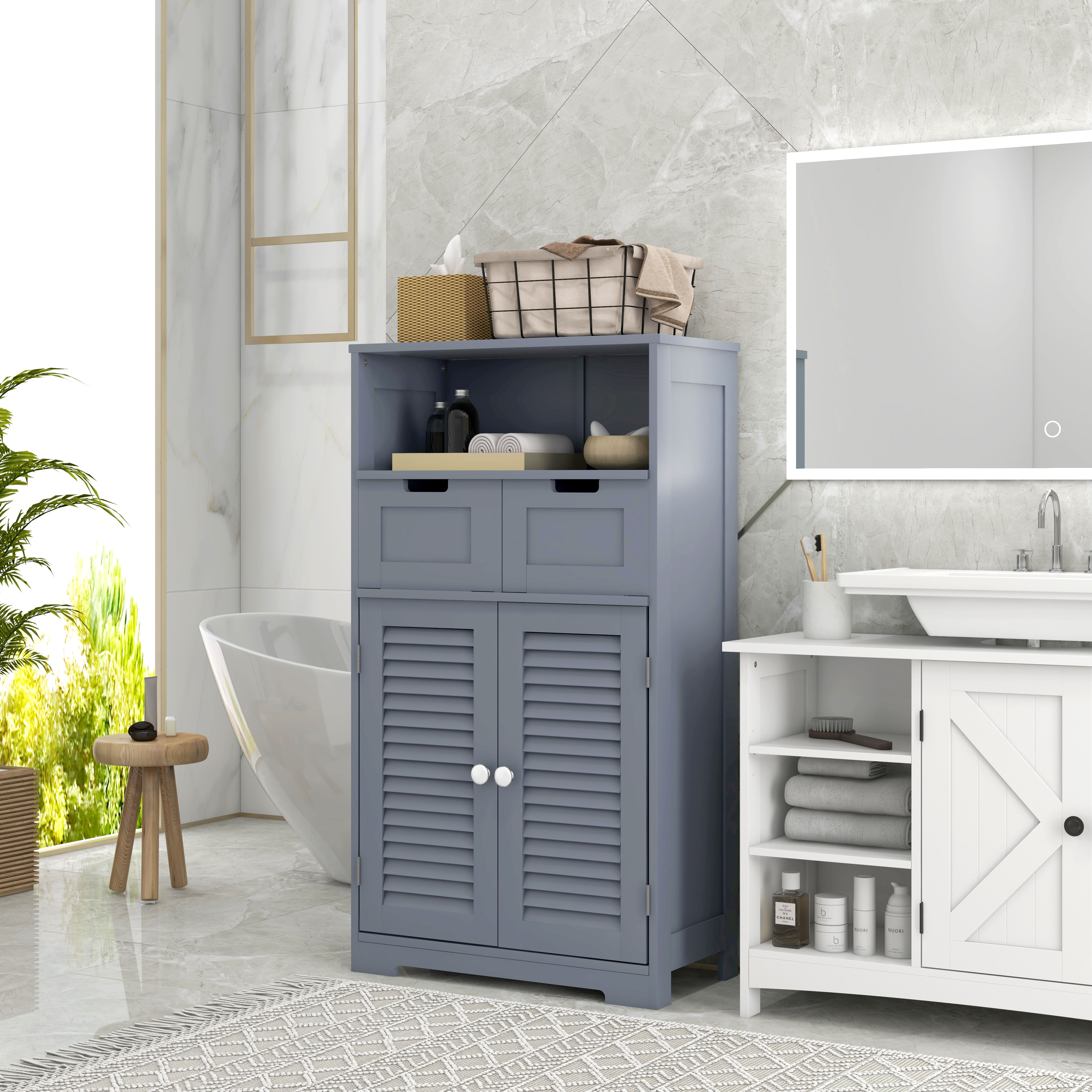 Kleankin Bathroom Storage Cabinet with Drawers, Louvred Doors, Open Compartment, Adjustable Shelf, Grey