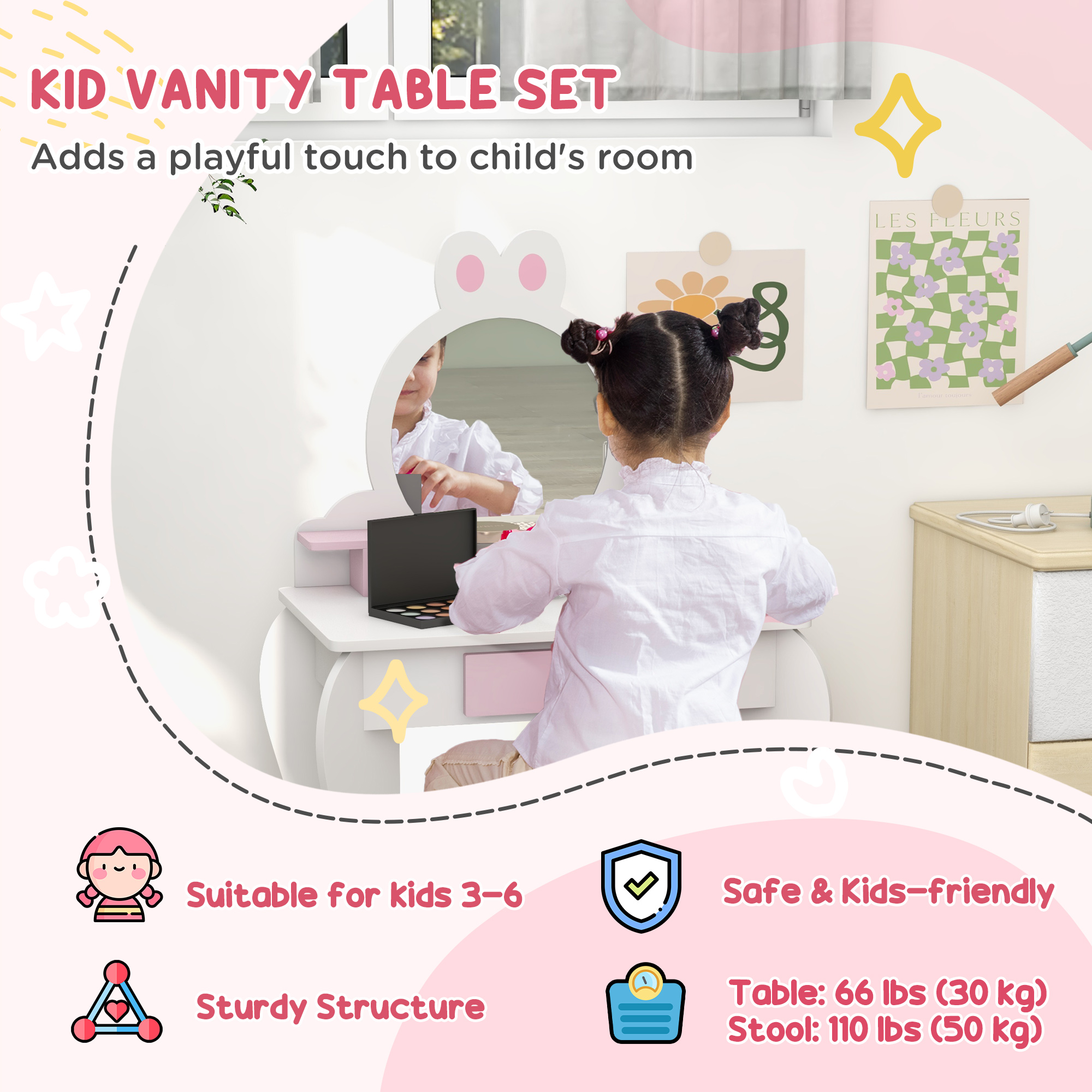 ZONEKIZ Kids Bedroom Furniture Set, Wooden with Dressing Table, Stool, Bed, Bunny-Design, for 3-6 Years