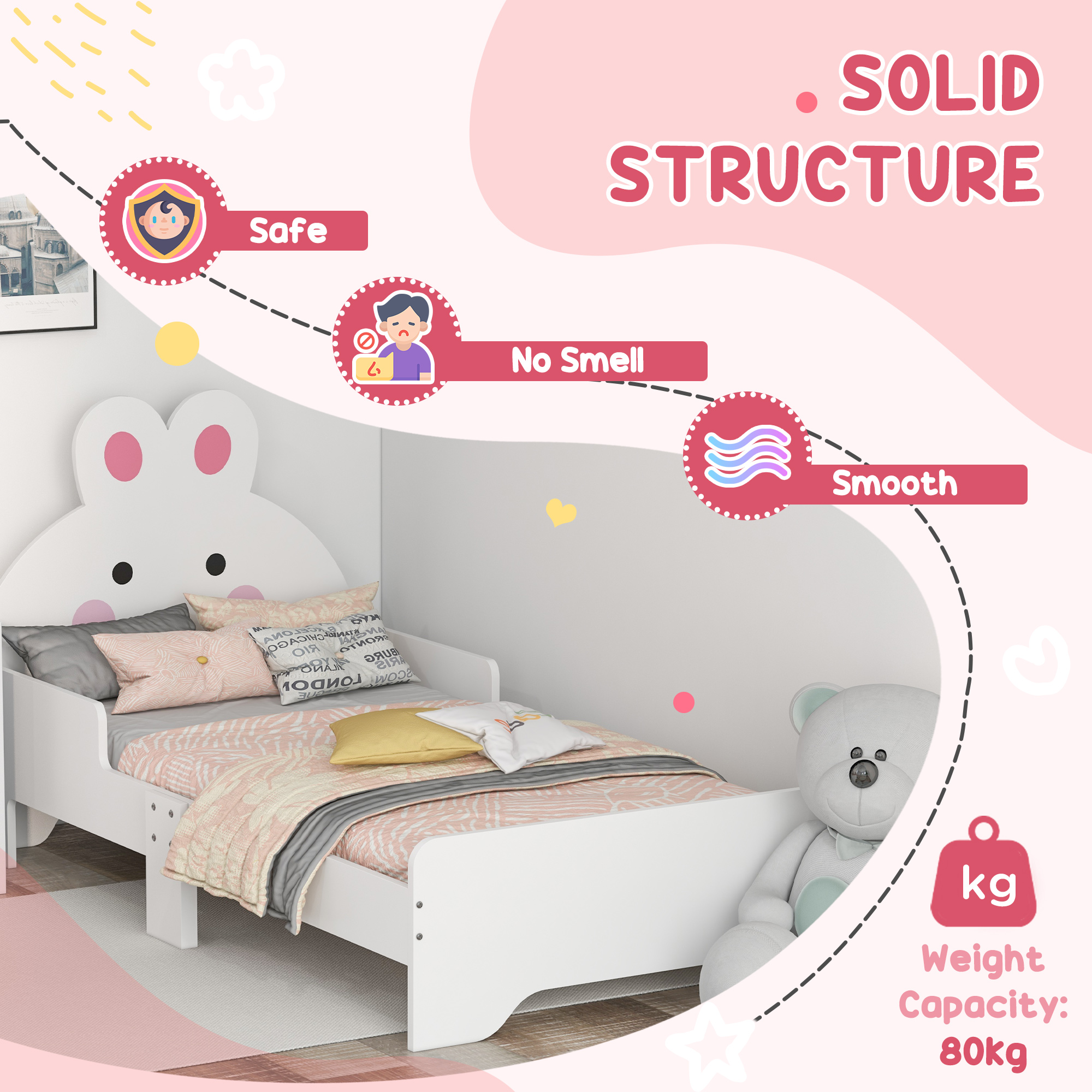 ZONEKIZ Kids Bedroom Furniture Set, Wooden with Dressing Table, Stool, Bed, Bunny-Design, for 3-6 Years