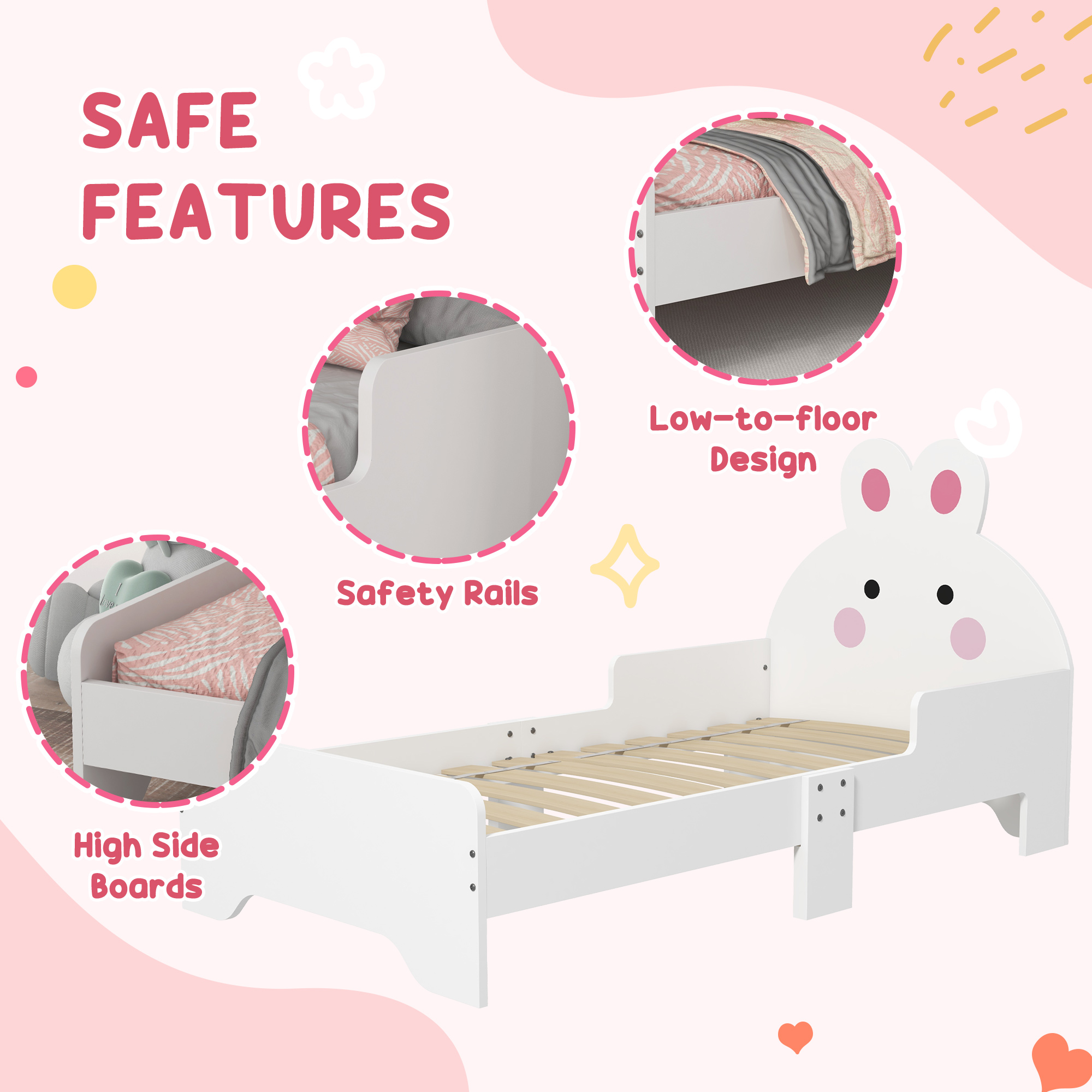 ZONEKIZ Kids Bedroom Furniture Set, Wooden with Dressing Table, Stool, Bed, Bunny-Design, for 3-6 Years