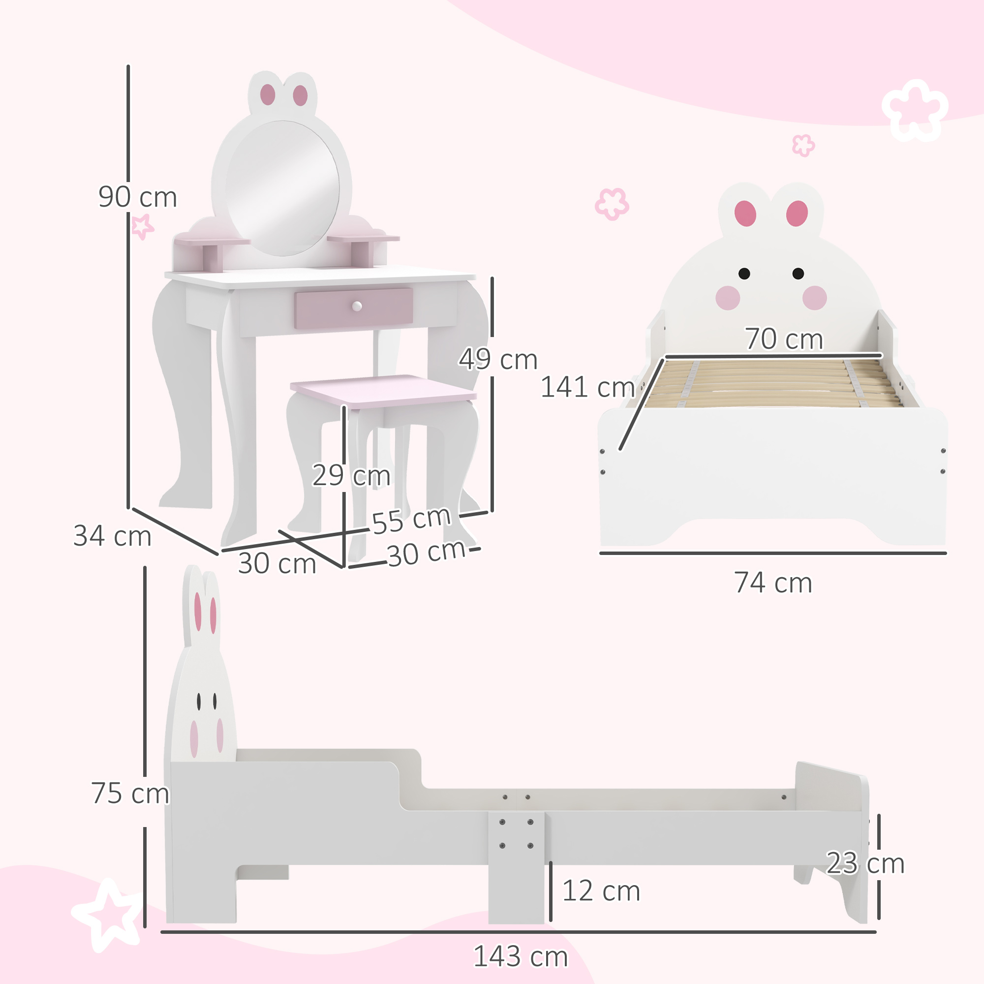 ZONEKIZ Kids Bedroom Furniture Set, Wooden with Dressing Table, Stool, Bed, Bunny-Design, for 3-6 Years