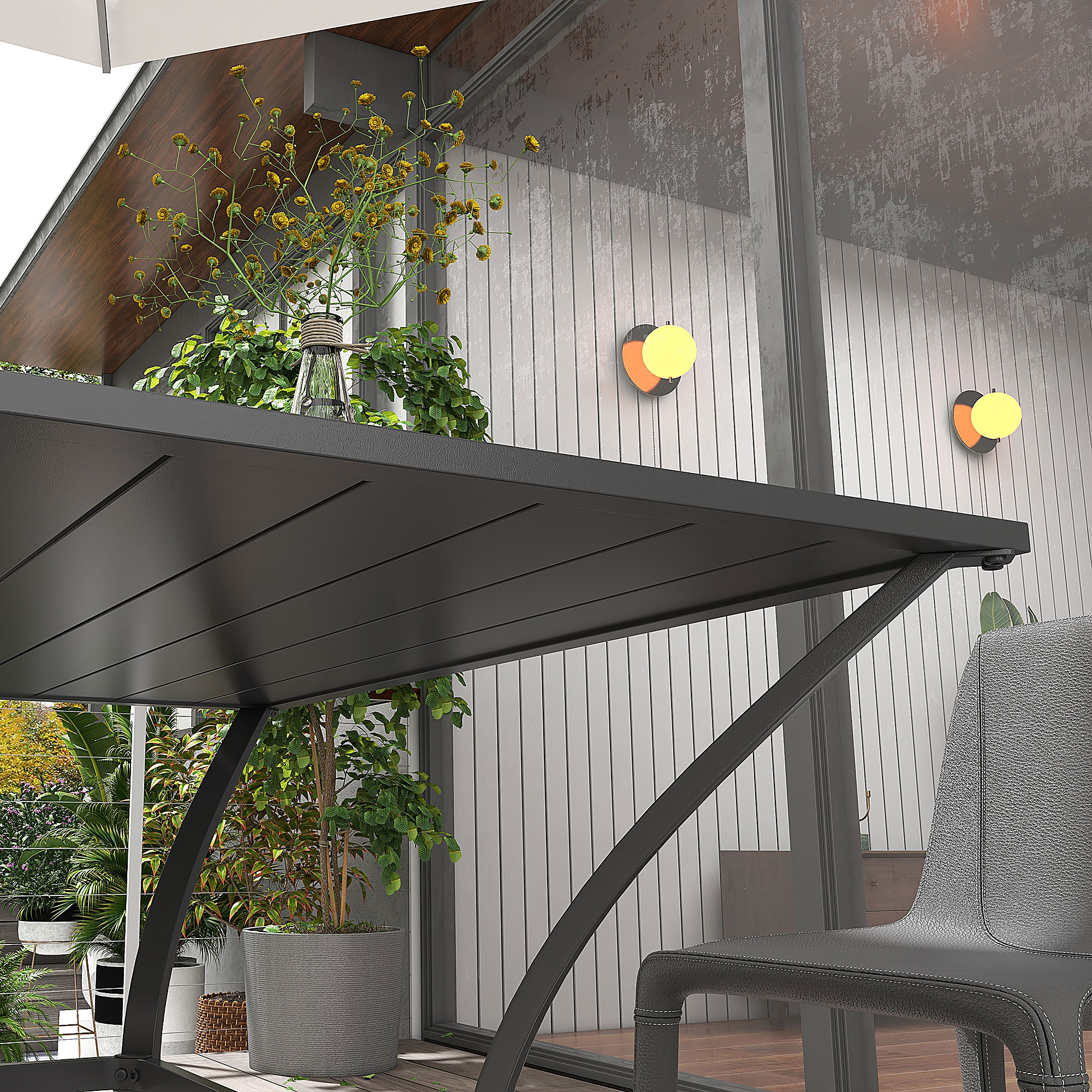 Outsunny Outdoor Dining Table 94x94cm with Parasol Hole, Four-Seater Garden Table with Slatted Metal Plate Top, Dark Grey