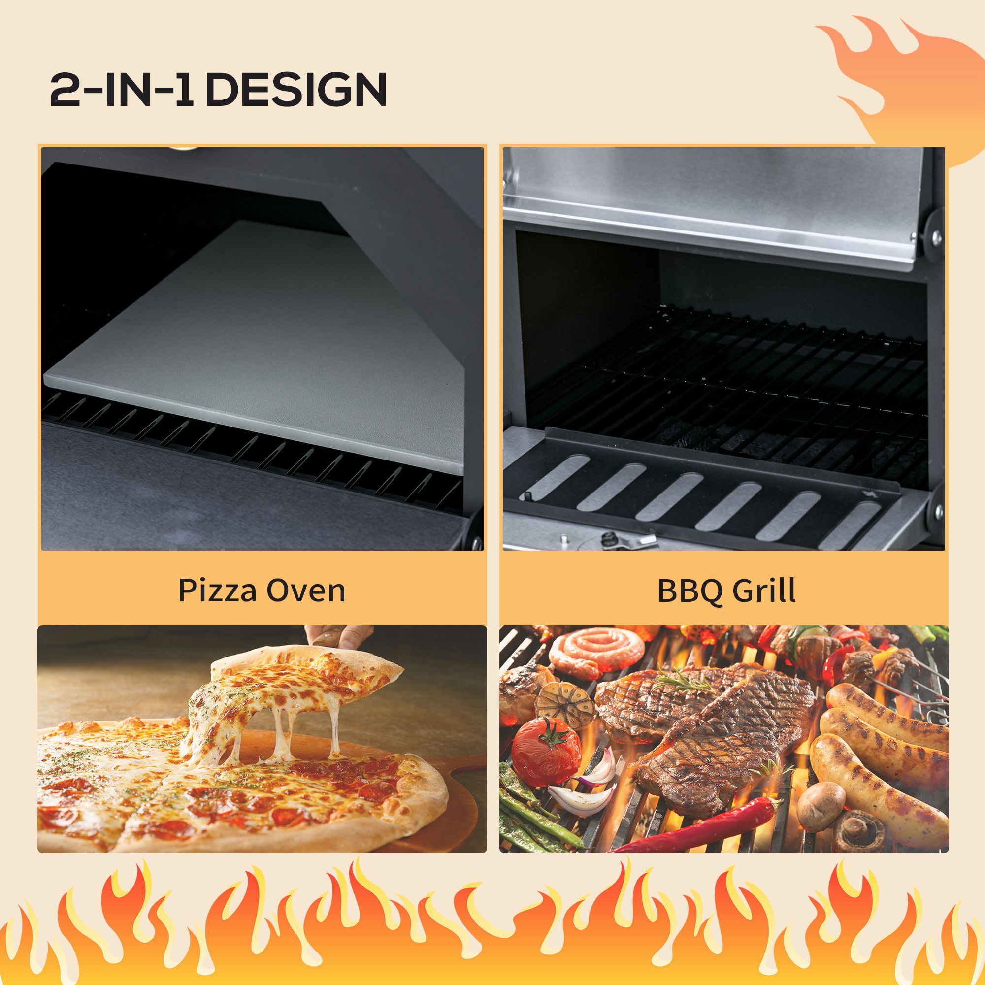 Outsunny Outdoor Garden Pizza Oven Charcoal BBQ Grill 3-Tier Freestanding w/Chimney, Mesh Shelf, Thermometer Handles, Wheels Garden Party Gathering