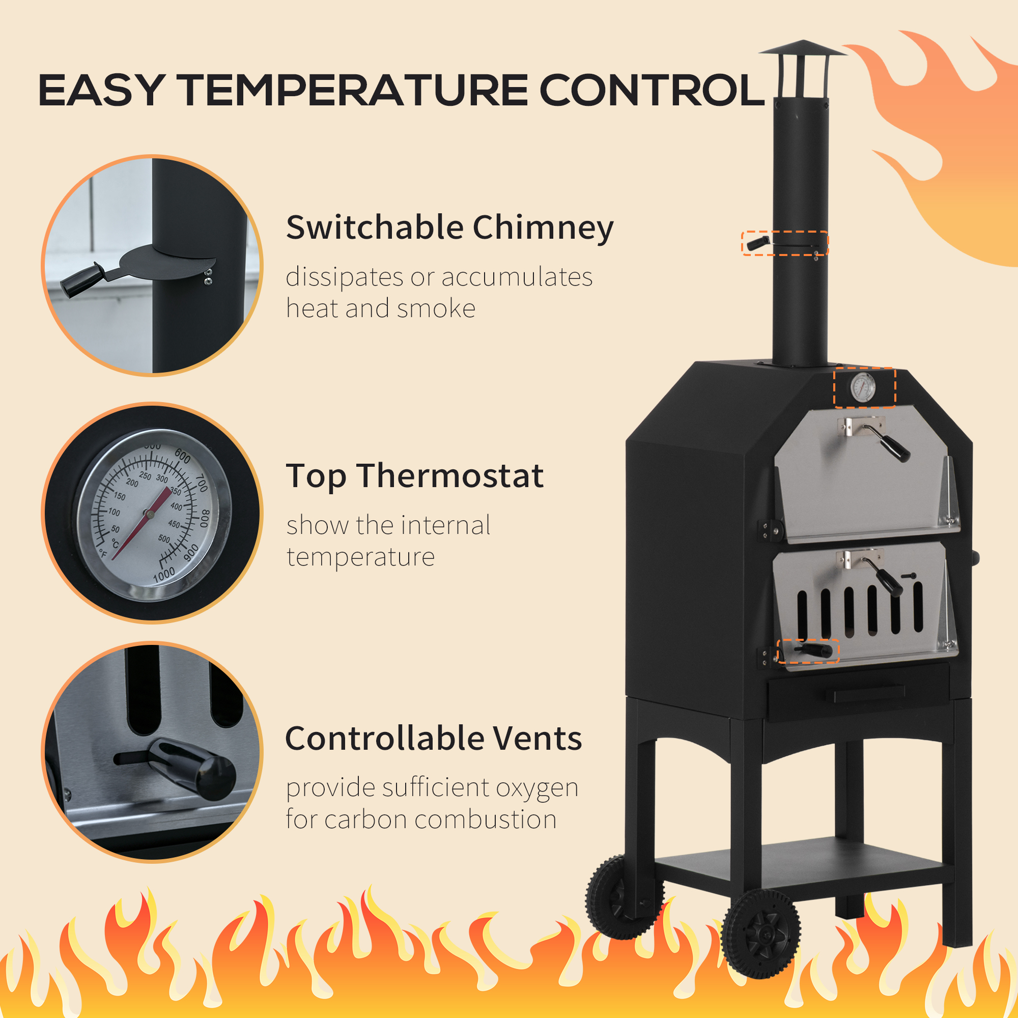 Outsunny Outdoor Garden Pizza Oven Charcoal BBQ Grill 3-Tier Freestanding w/Chimney, Mesh Shelf, Thermometer Handles, Wheels Garden Party Gathering