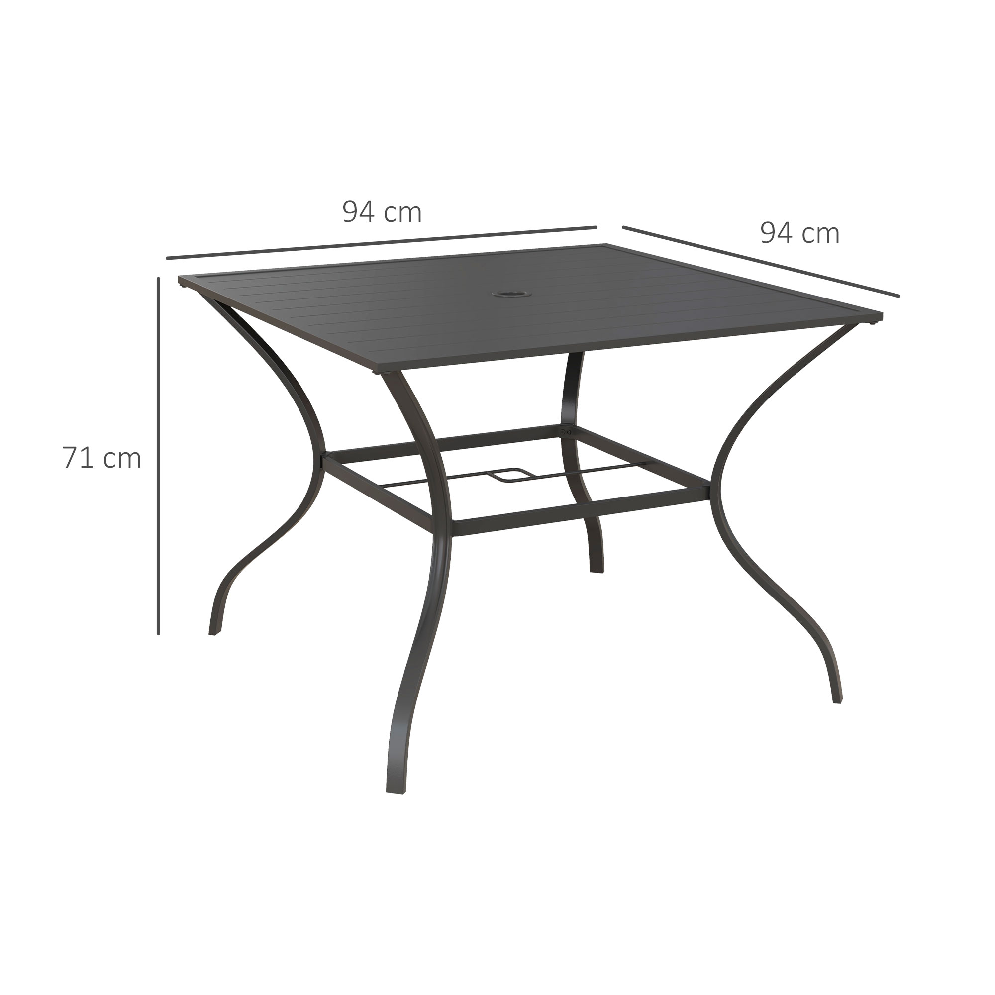 Outsunny Outdoor Dining Table 94x94cm with Parasol Hole, Four-Seater Garden Table with Slatted Metal Plate Top, Dark Grey
