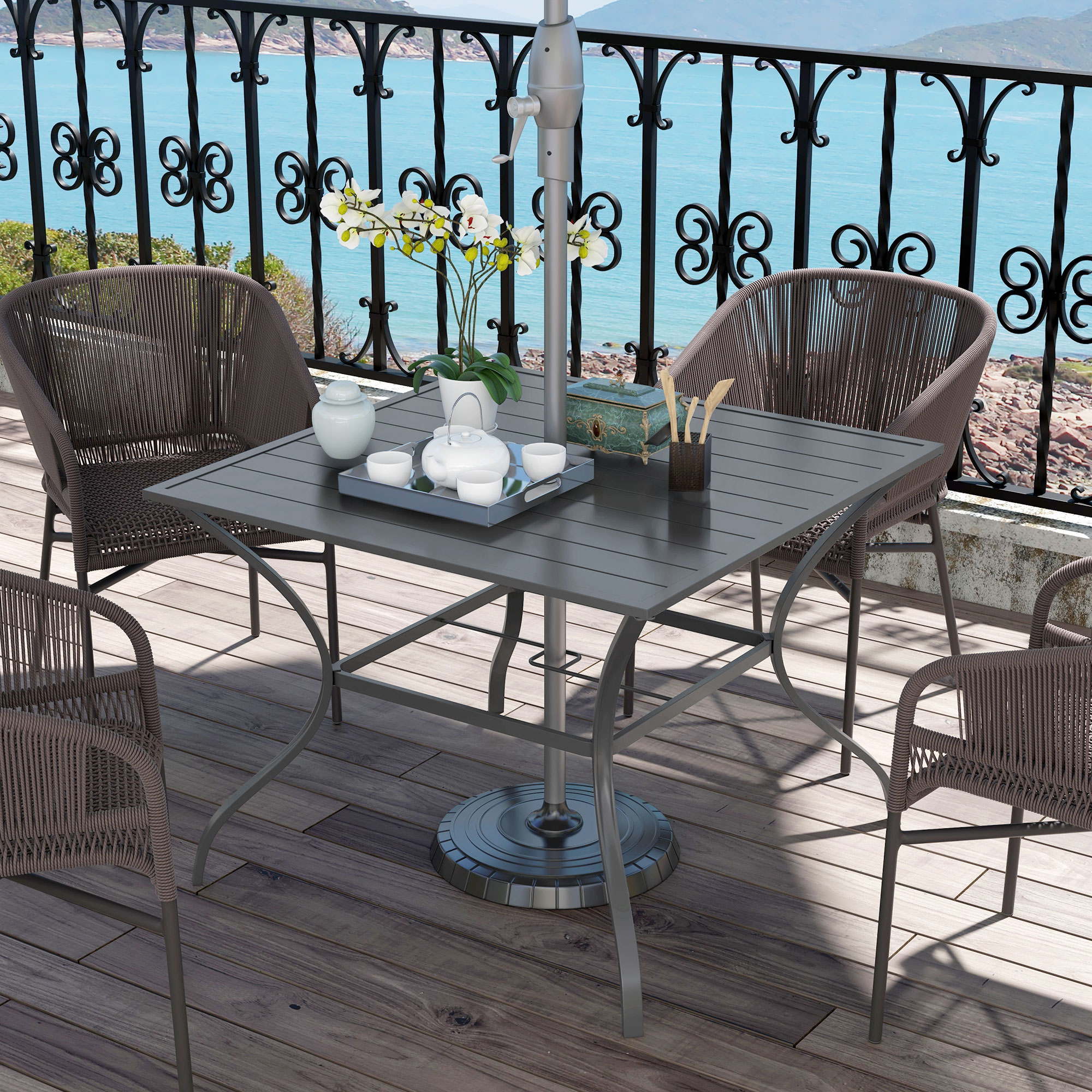 Outsunny Outdoor Dining Table 94x94cm with Parasol Hole, Four-Seater Garden Table with Slatted Metal Plate Top, Dark Grey
