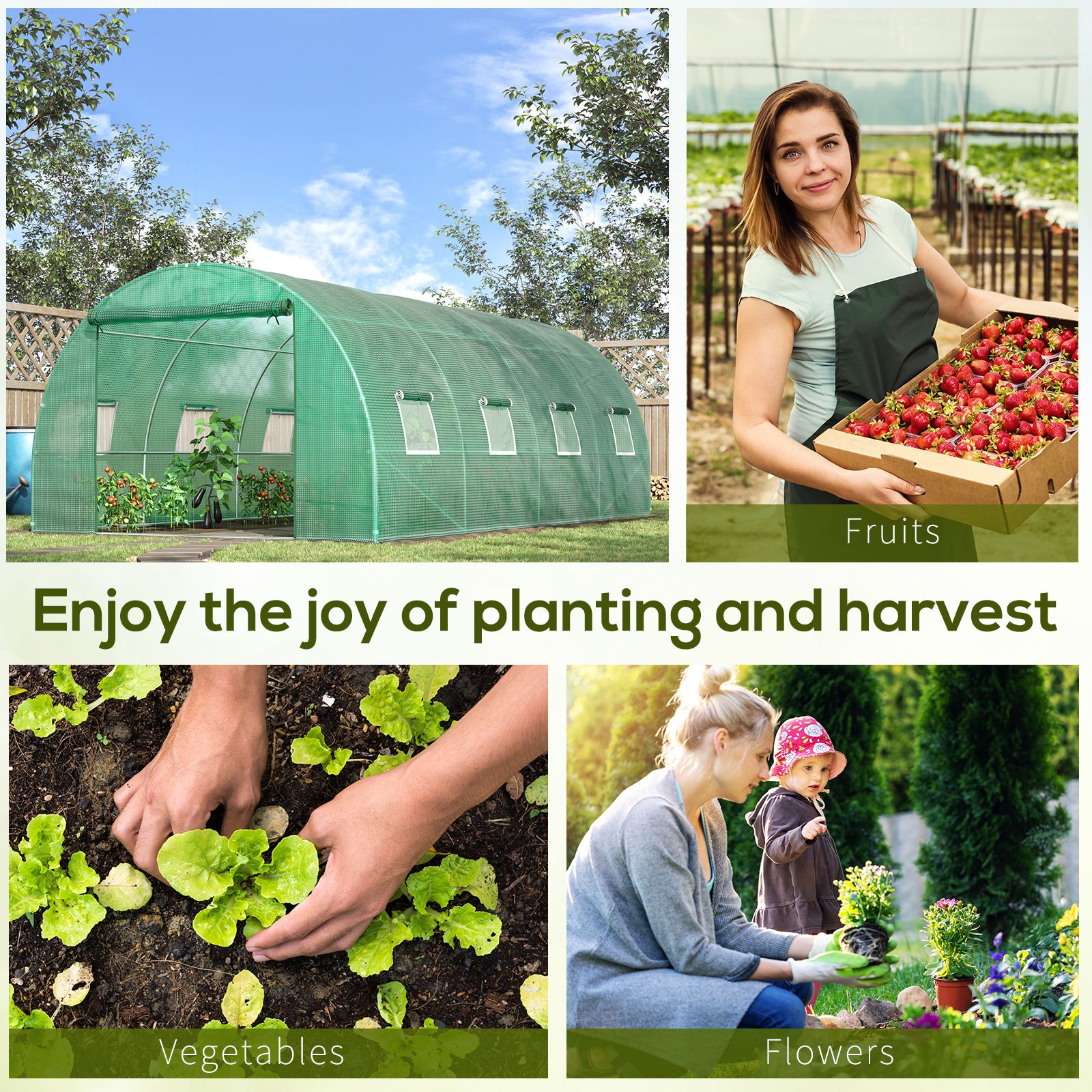 Outsunny 6 x 3 m Large Walk-In Greenhouse Garden Polytunnel Greenhouse with Steel Frame, Zippered Door and Roll Up Windows, Green
