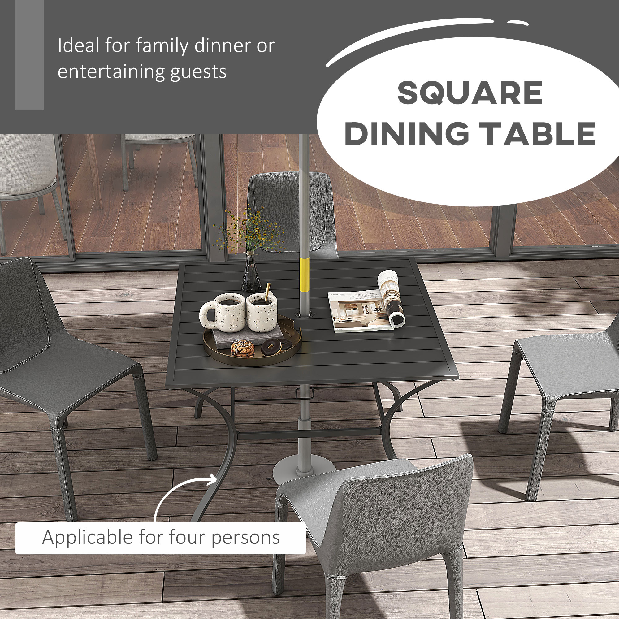 Outsunny Outdoor Dining Table 94x94cm with Parasol Hole, Four-Seater Garden Table with Slatted Metal Plate Top, Dark Grey