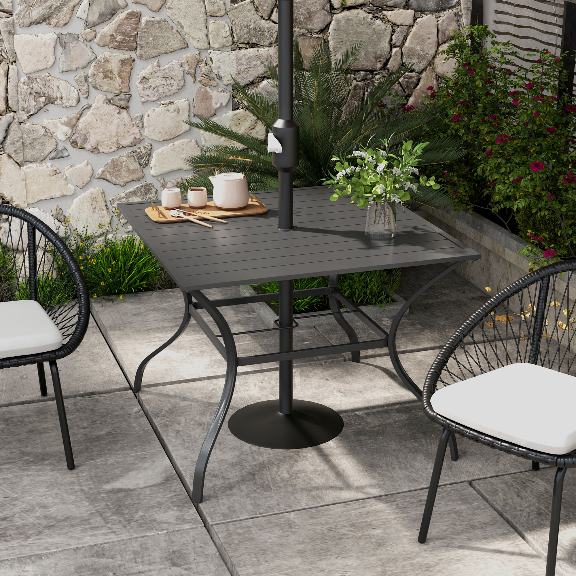 Outsunny Outdoor Dining Table 94x94cm with Parasol Hole, Four-Seater Garden Table with Slatted Metal Plate Top, Dark Grey
