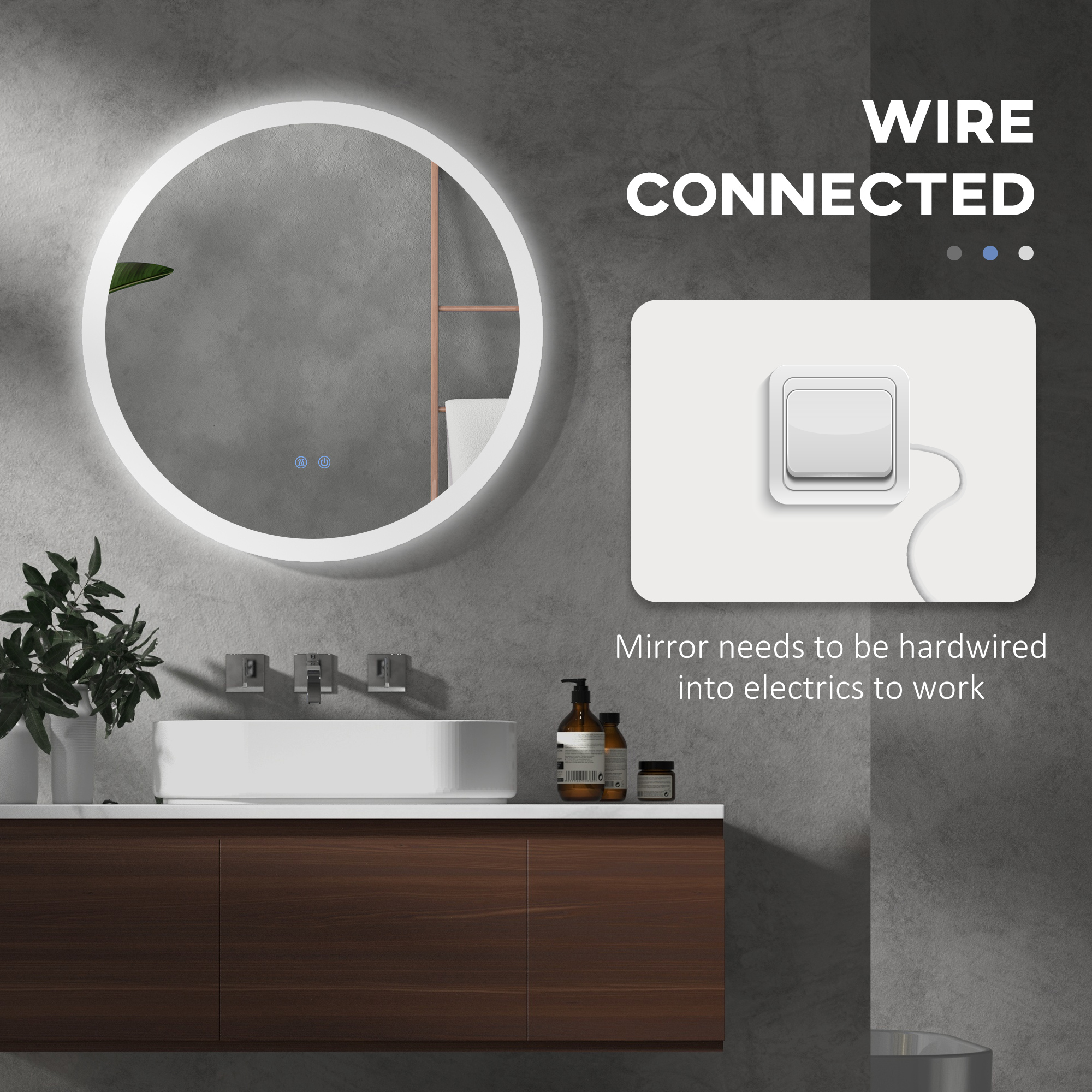 Kleankin LED Bathroom Mirror, Round Wall Mounted Illuminated Mirror, 3 Colour Settings, Anti-Fog, Memory, Aluminium Frame, 70 x 70 cm