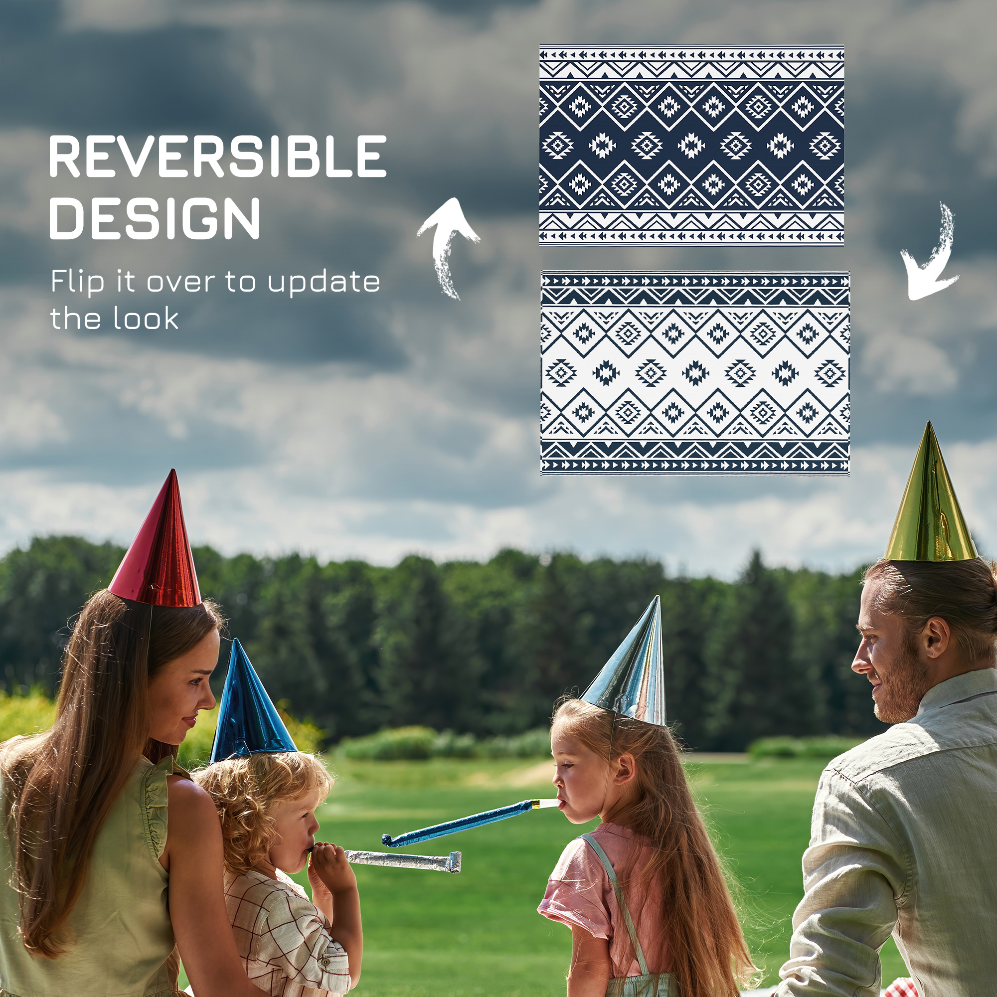 Outsunny Reversible Outdoor Rug, Plastic Straw, Portable with Carry Bag, 182 x 274cm, Dark Blue and White