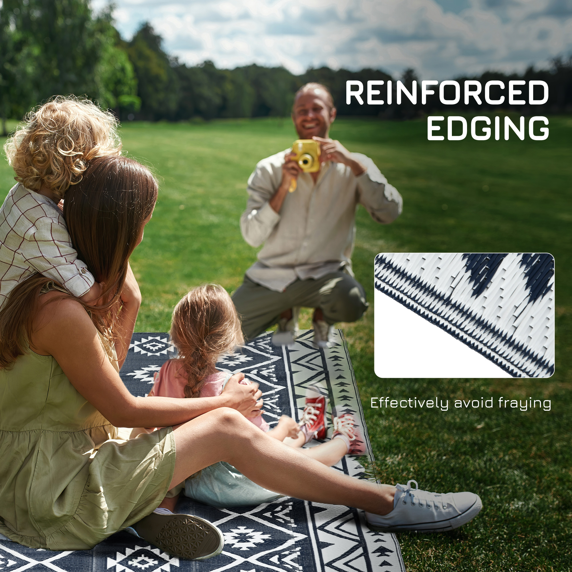 Outsunny Reversible Outdoor Rug, Plastic Straw, Portable with Carry Bag, 182 x 274cm, Dark Blue and White
