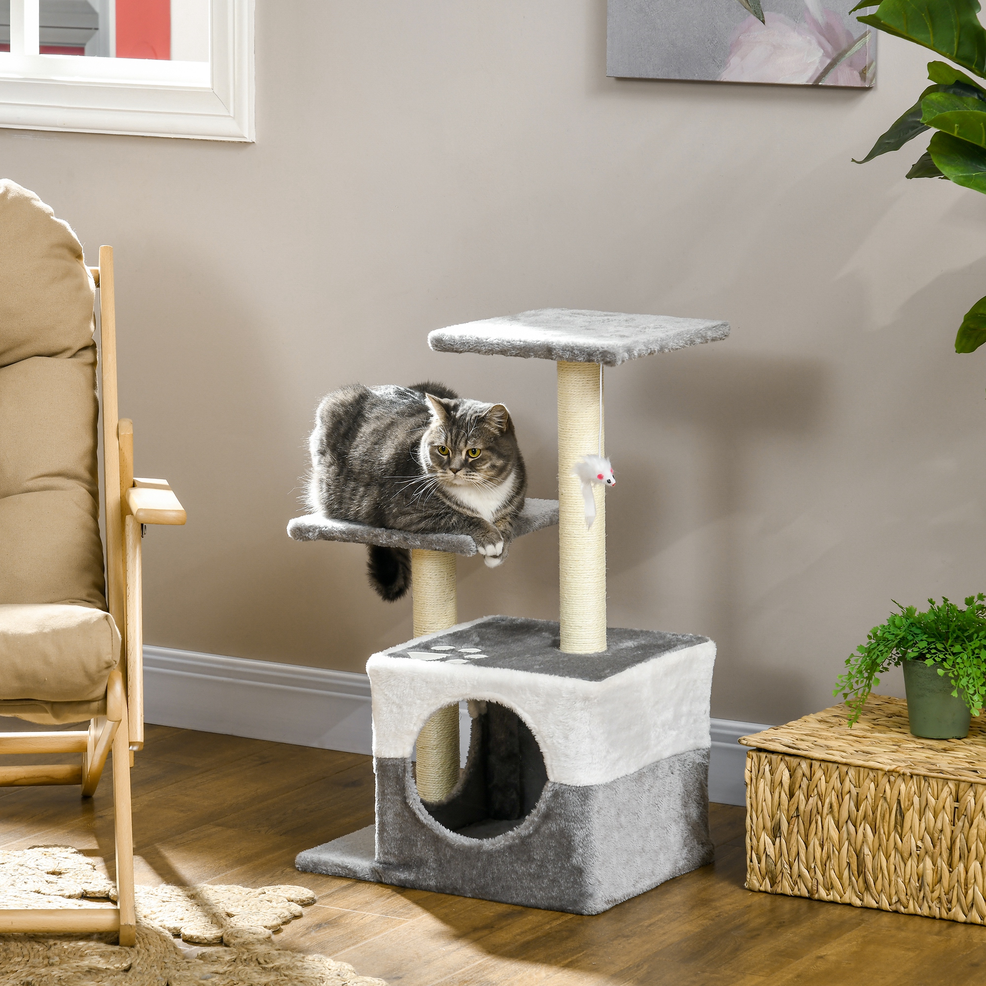 PawHut Deluxe Cat Tree with Sisal Scratching Posts, Cosy House, Elevated Perches, Playful Toy Mouse, Grey